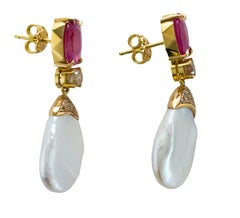 18 Karat Gold Rubies and Baroque Freshwater Pearl Drop Earrings