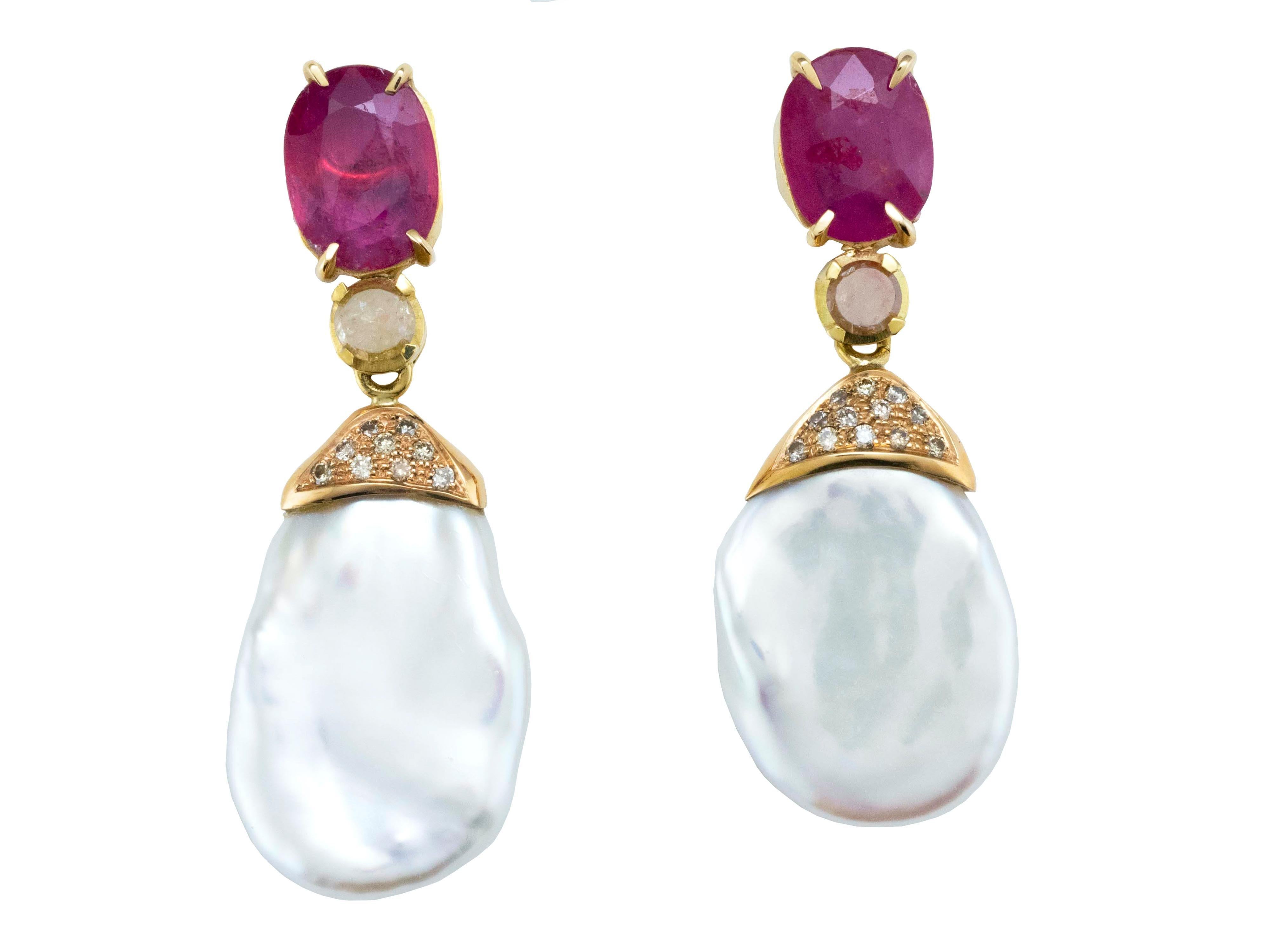 Women's 18 Karat Gold Rubies and Baroque Freshwater Pearl Drop Earrings For Sale