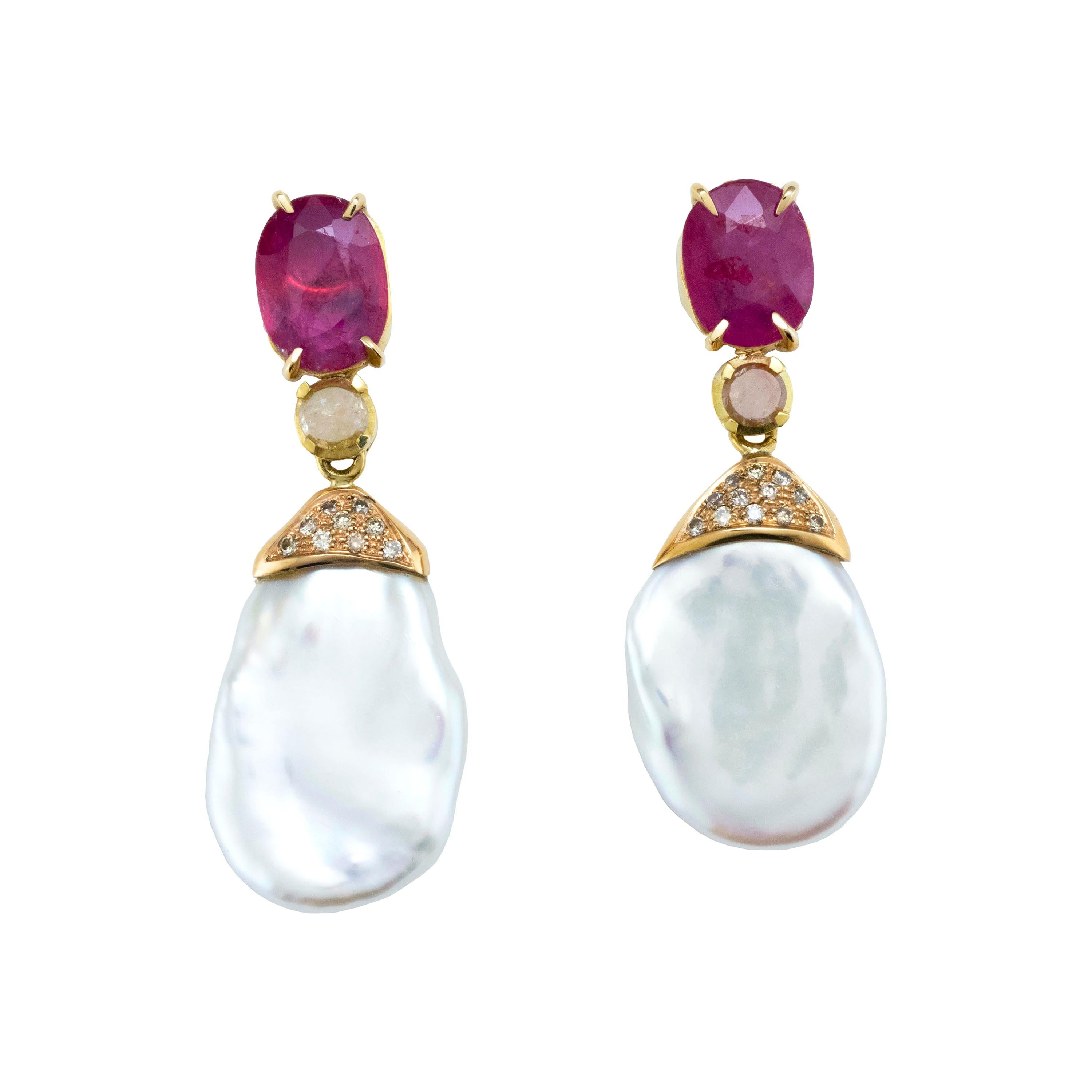 18 Karat Gold Rubies and Baroque Freshwater Pearl Drop Earrings For Sale