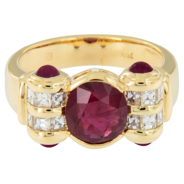 Bague Or 18 Carats Avec Rubis 1.10cts Et Diamants - Taille 53, Occasion - Or Jaune, Style Solitaire