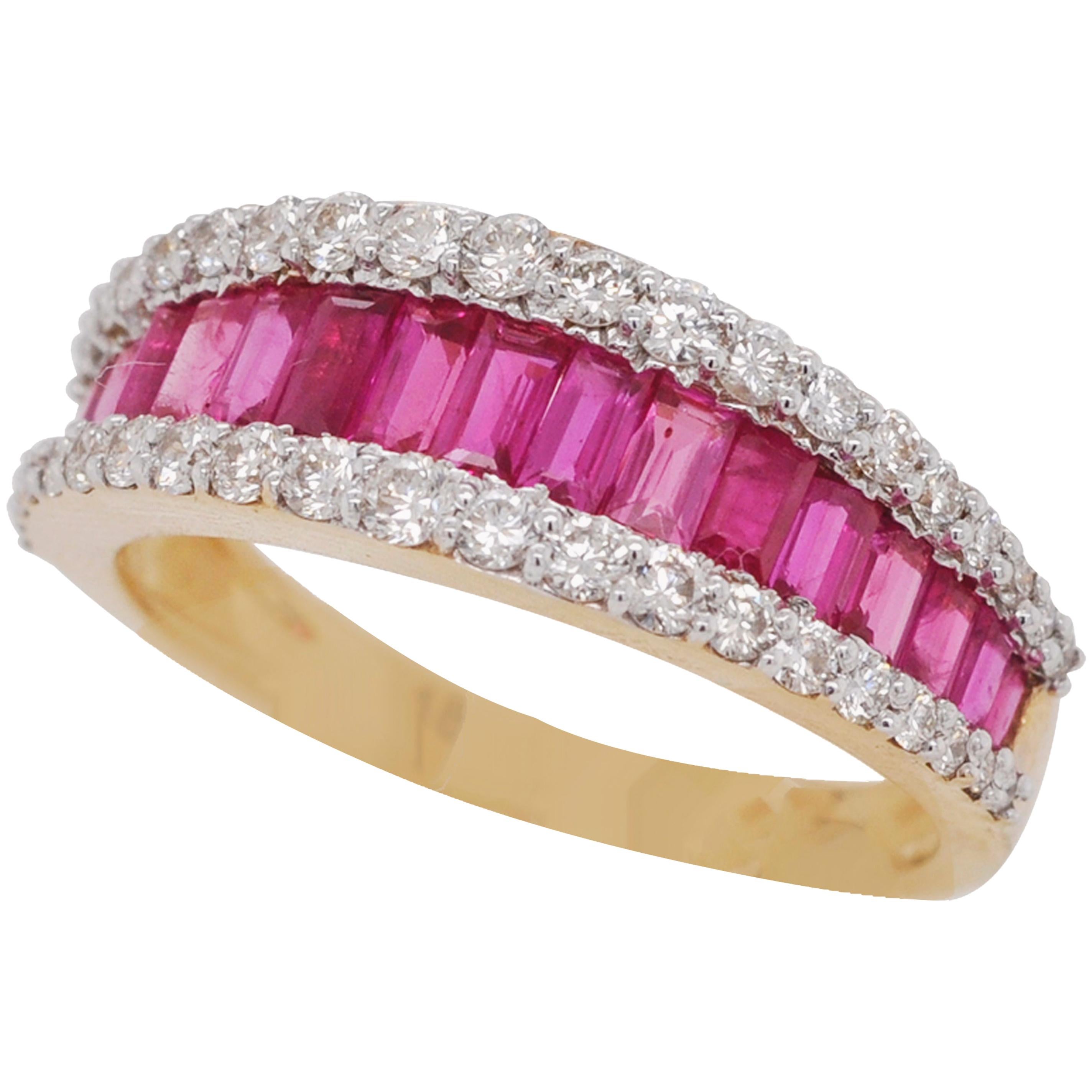 18 Karat Gold Channel Set Ruby Baguette Diamond Contemporary Wedding Band Ring For Sale