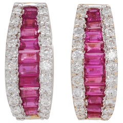 18 Karat Gold Channel Set Ruby Baguette Diamond Linear Huggies Hoop Earrings