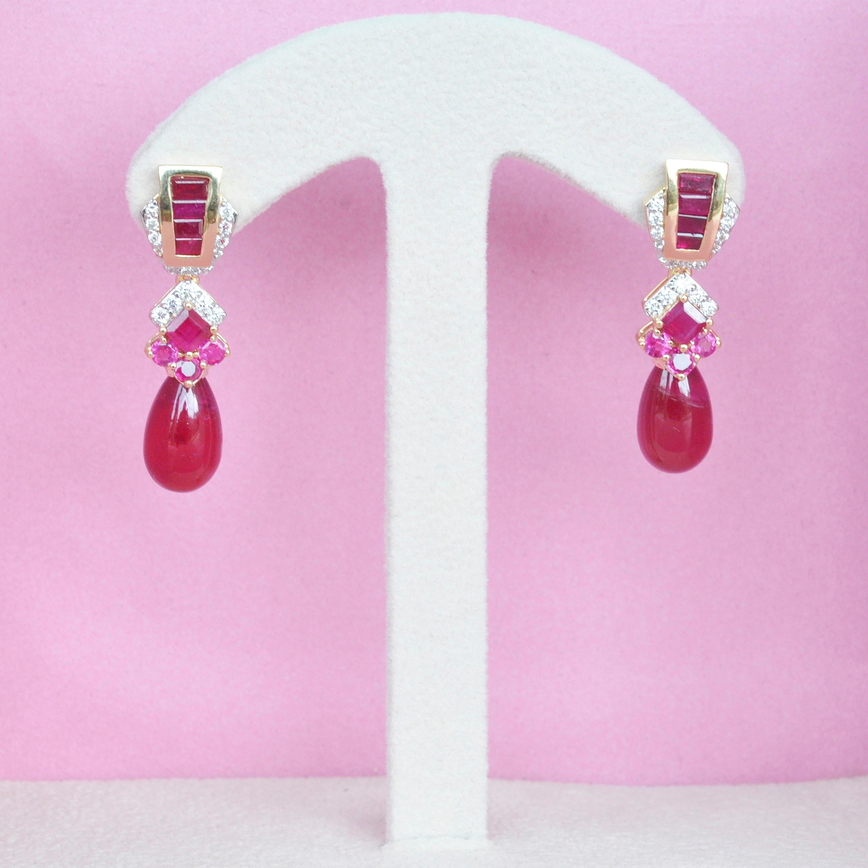28.42 Carats Ruby 18 Karat Gold Ruby Baguette Ruby Drop Diamond Dangle Earrings 7