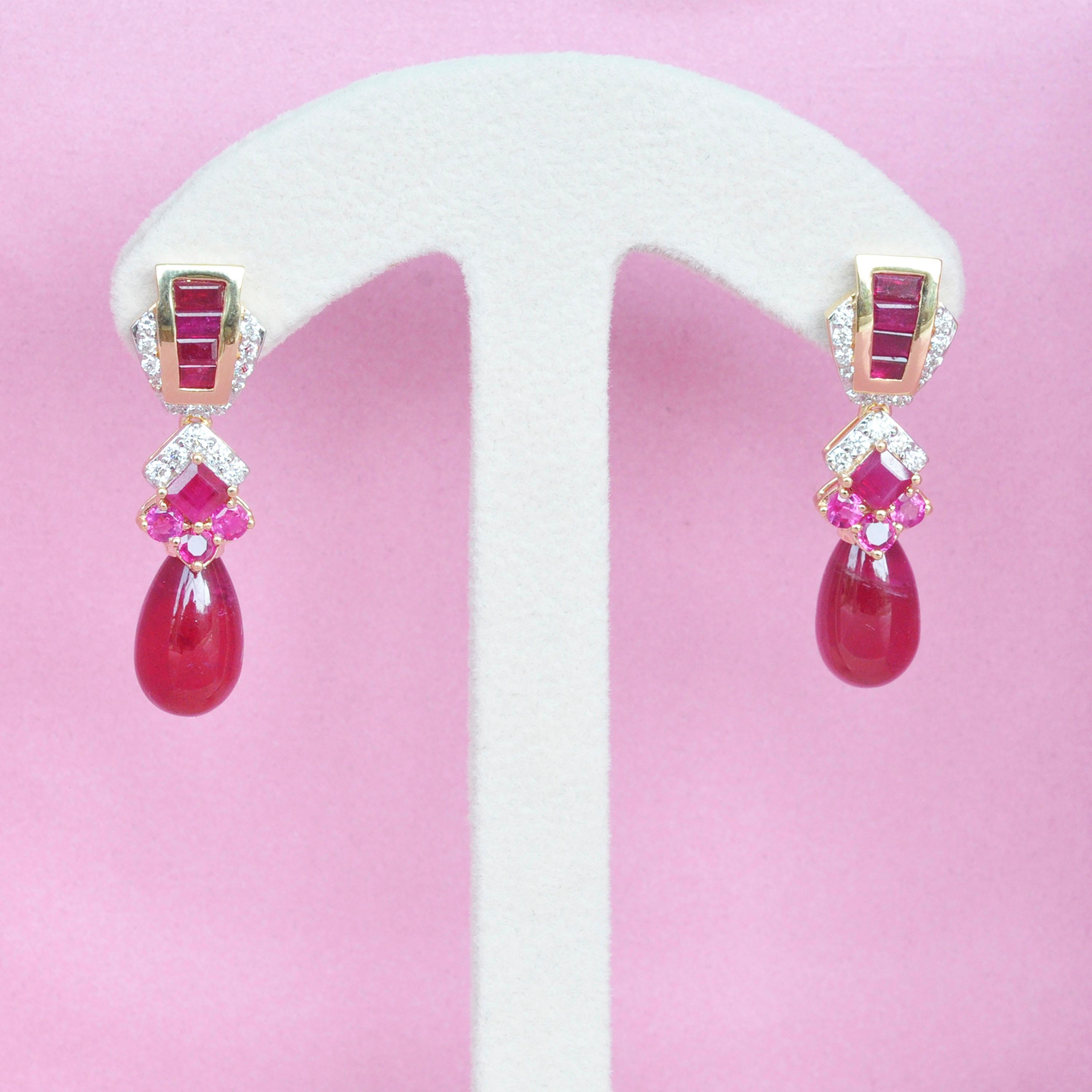 28.42 Carats Ruby 18 Karat Gold Ruby Baguette Ruby Drop Diamond Dangle Earrings 8