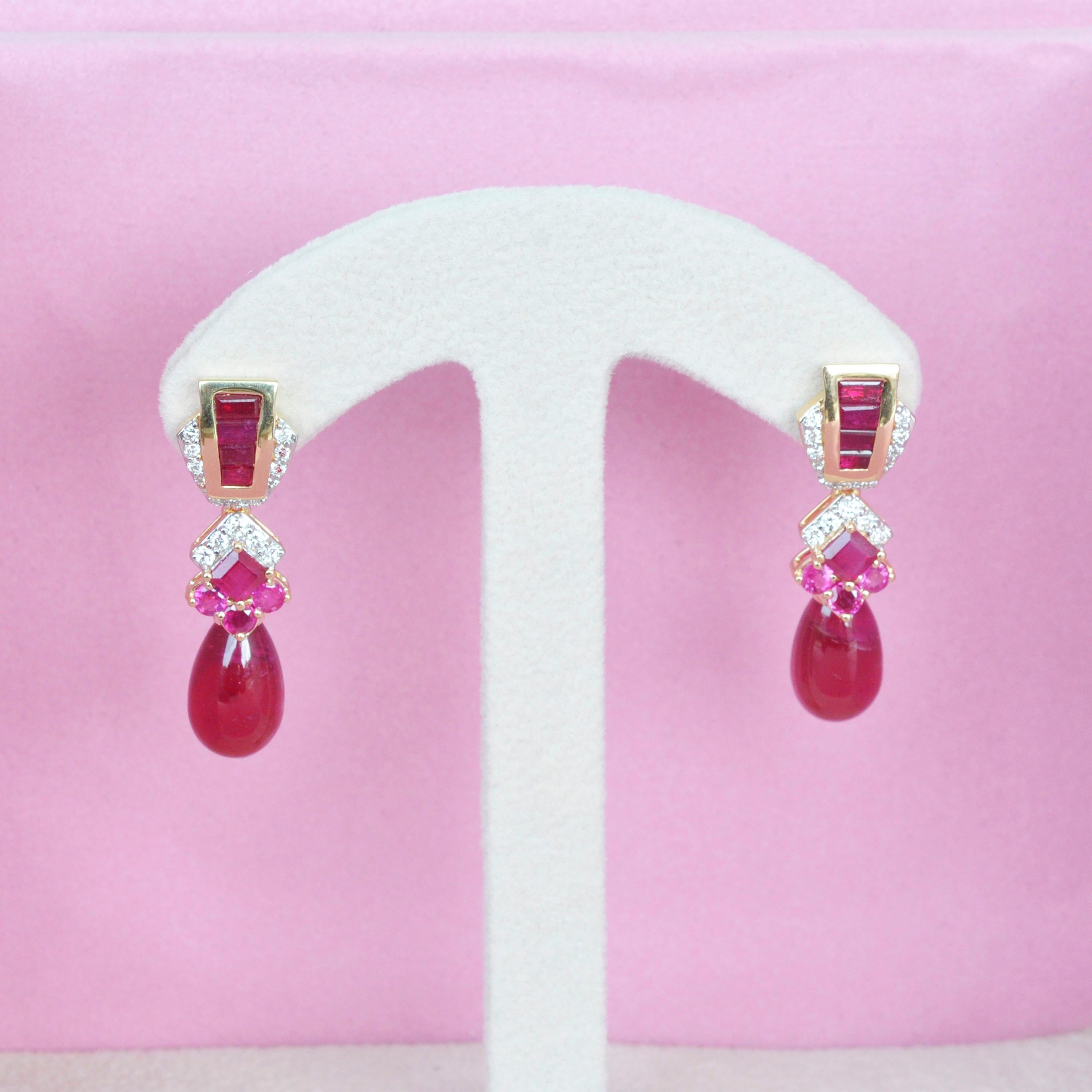 28.42 Carats Ruby 18 Karat Gold Ruby Baguette Ruby Drop Diamond Dangle Earrings 9