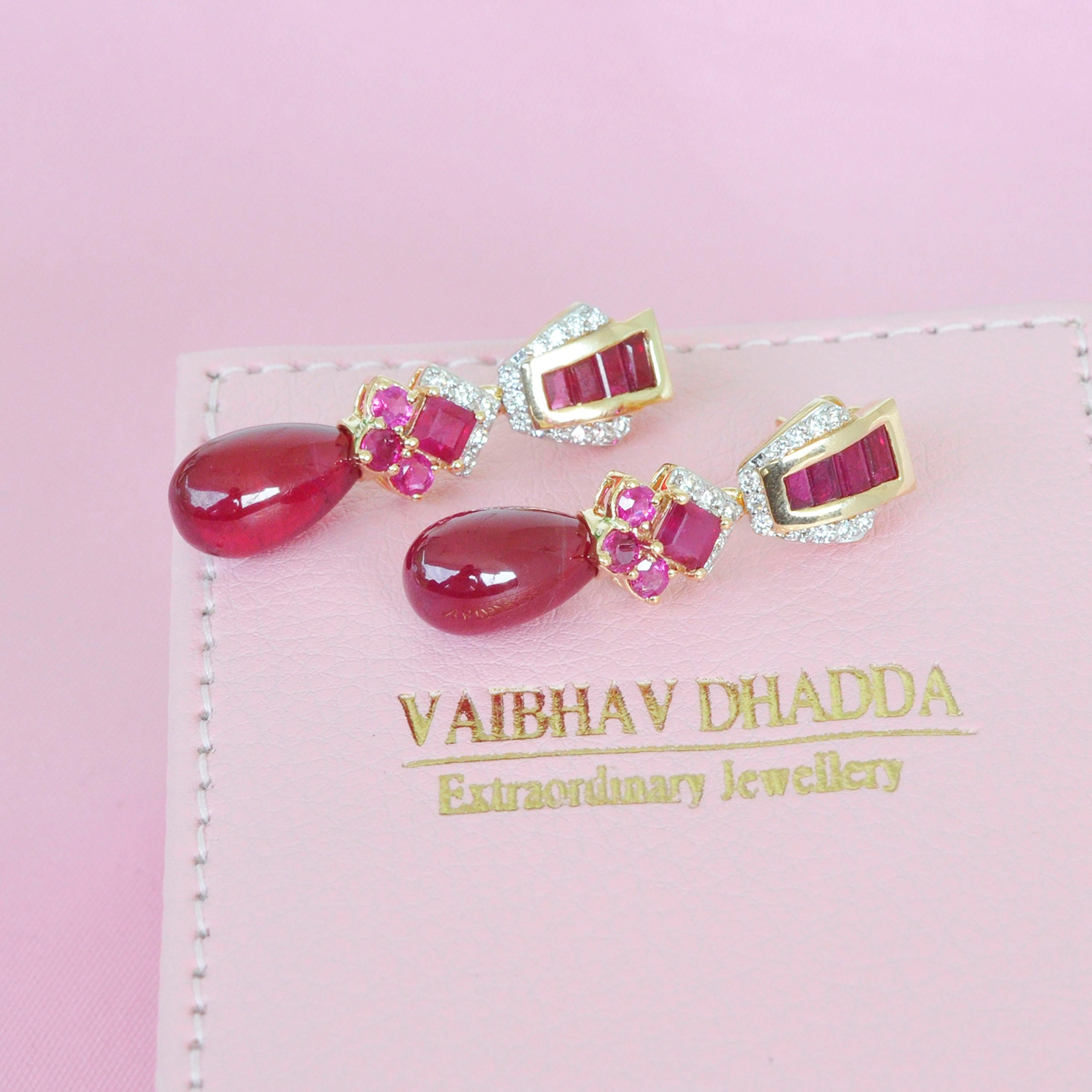 28.42 Carats Ruby 18 Karat Gold Ruby Baguette Ruby Drop Diamond Dangle Earrings 11