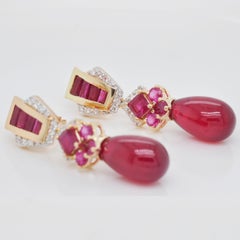 28.42 Carats Ruby 18 Karat Gold Ruby Baguette Ruby Drop Diamond Dangle Earrings