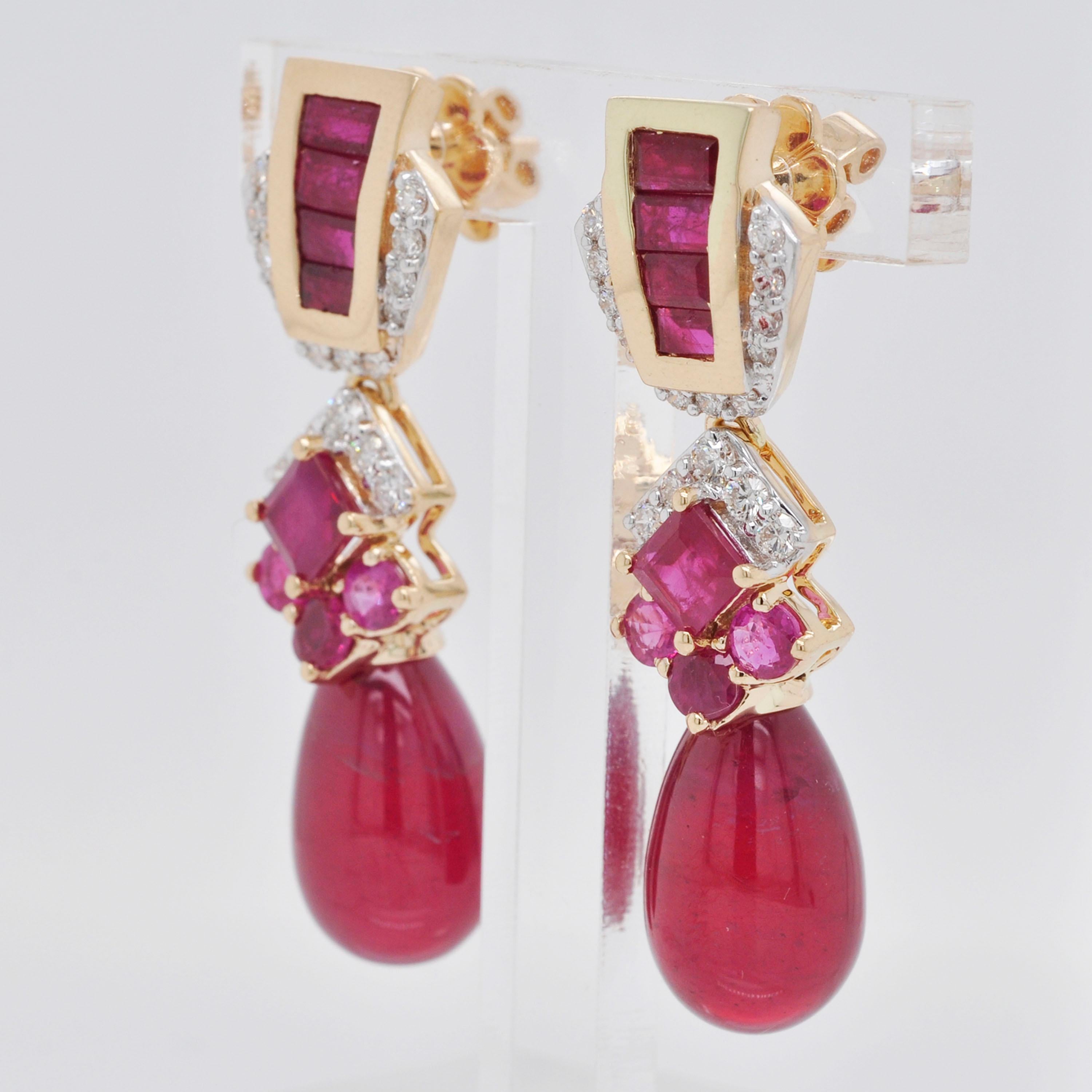 Baguette Cut 28.42 Carats Ruby 18 Karat Gold Ruby Baguette Ruby Drop Diamond Dangle Earrings