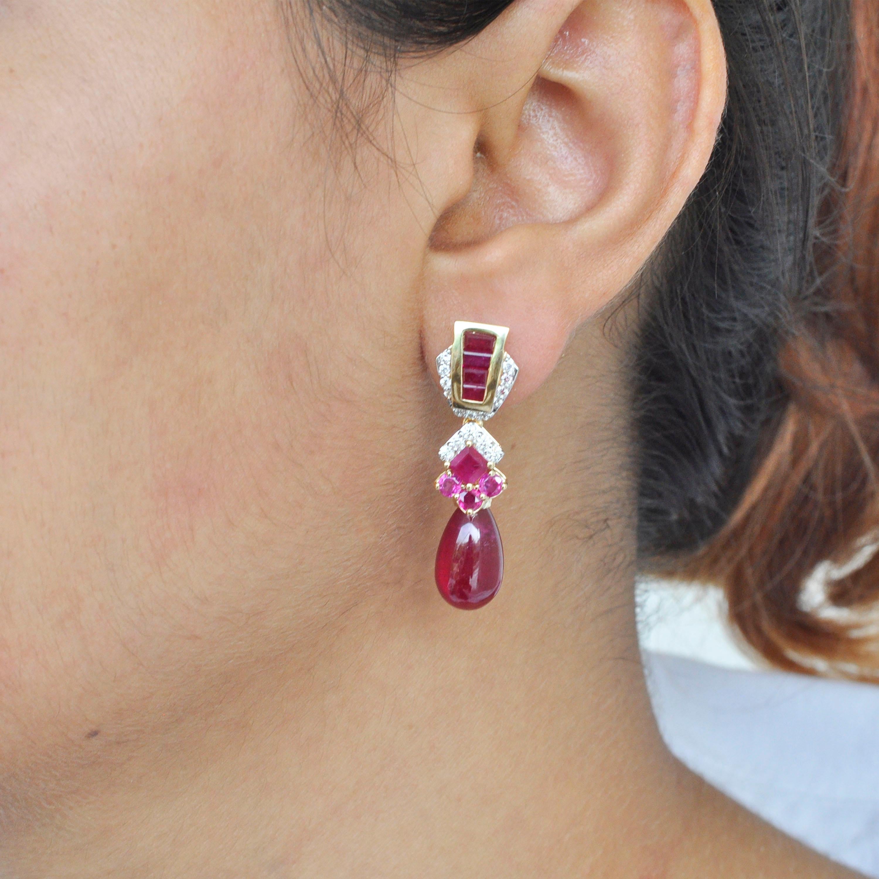28.42 Carats Ruby 18 Karat Gold Ruby Baguette Ruby Drop Diamond Dangle Earrings 1