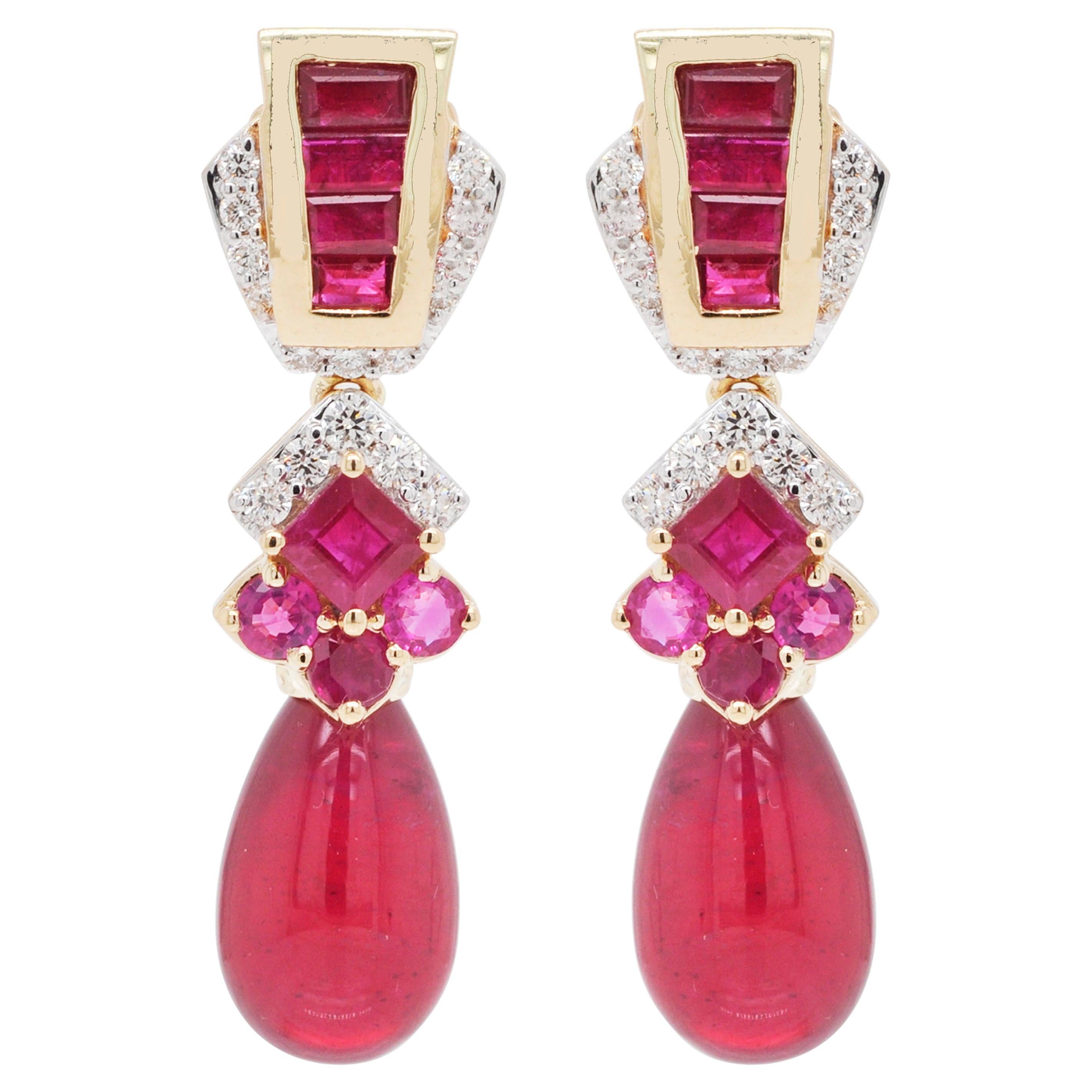 28.42 Carats Ruby 18 Karat Gold Ruby Baguette Ruby Drop Diamond Dangle Earrings