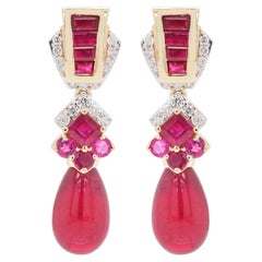 28.42 Carats Ruby 18 Karat Gold Ruby Baguette Ruby Drop Diamond Dangle Earrings