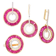 18 Karat Gold Ruby Baguettes Diamond Circular Pendant Necklace Earrings Ring Set