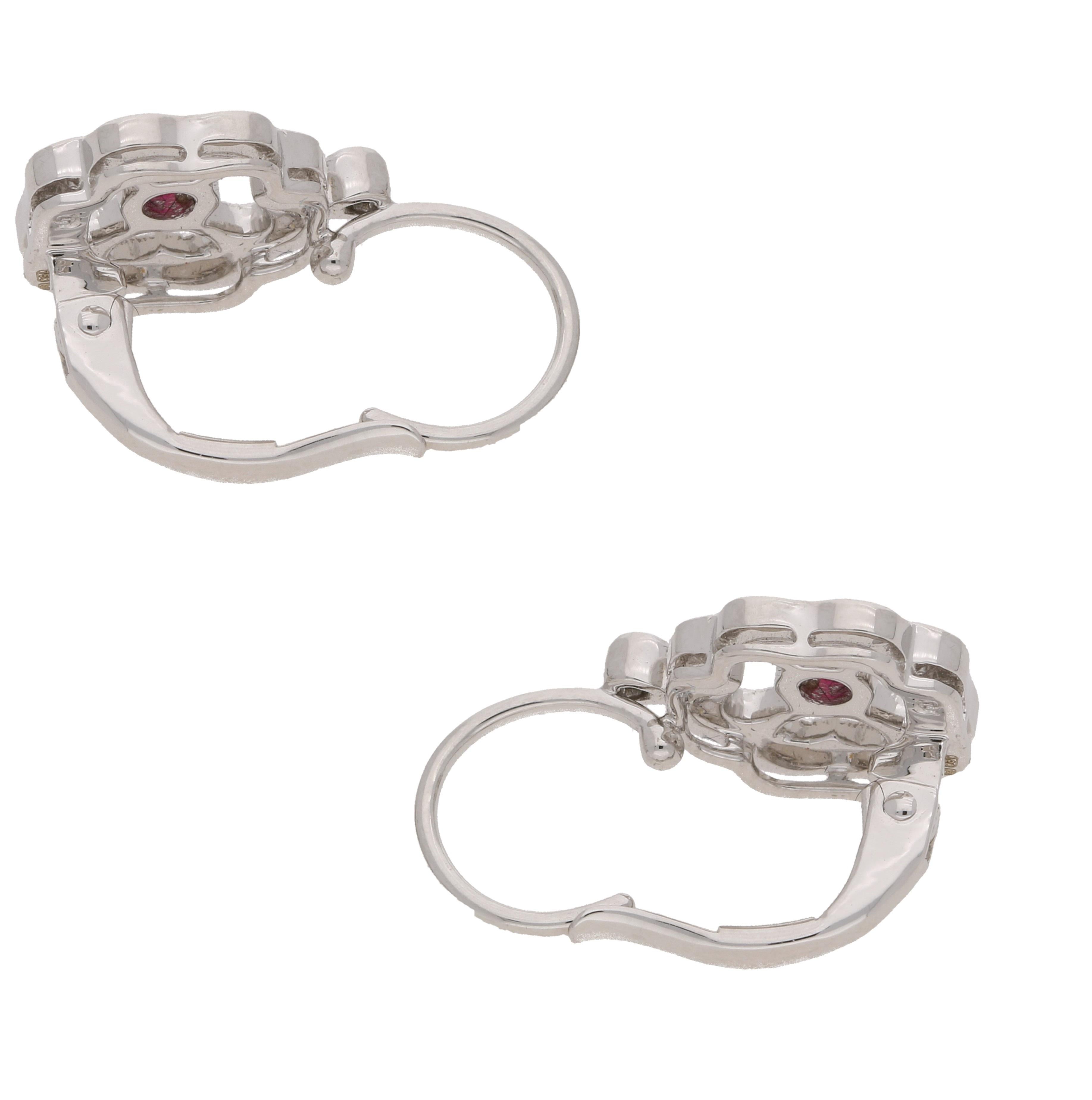 Brilliant Cut Ruby & Diamond Clover Drop Earrings in 18 Karat White Gold  For Sale