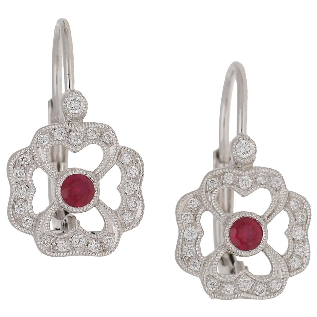 Ruby & Diamond Clover Drop Earrings in 18 Karat White Gold  For Sale