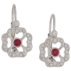 Ruby & Diamond Clover Drop Earrings in 18 Karat White Gold