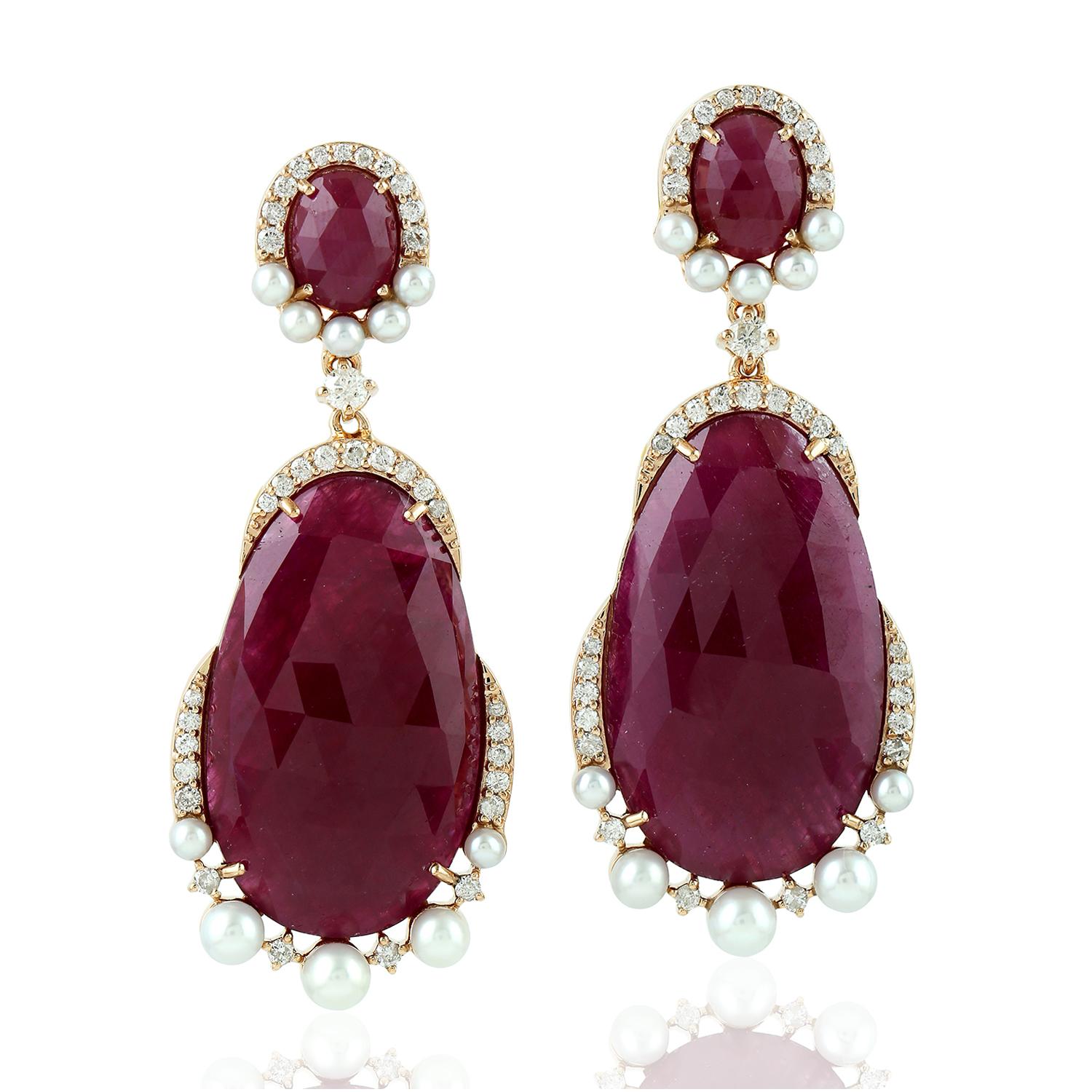 Rose Cut 18 Karat Gold Ruby Diamond Earrings For Sale