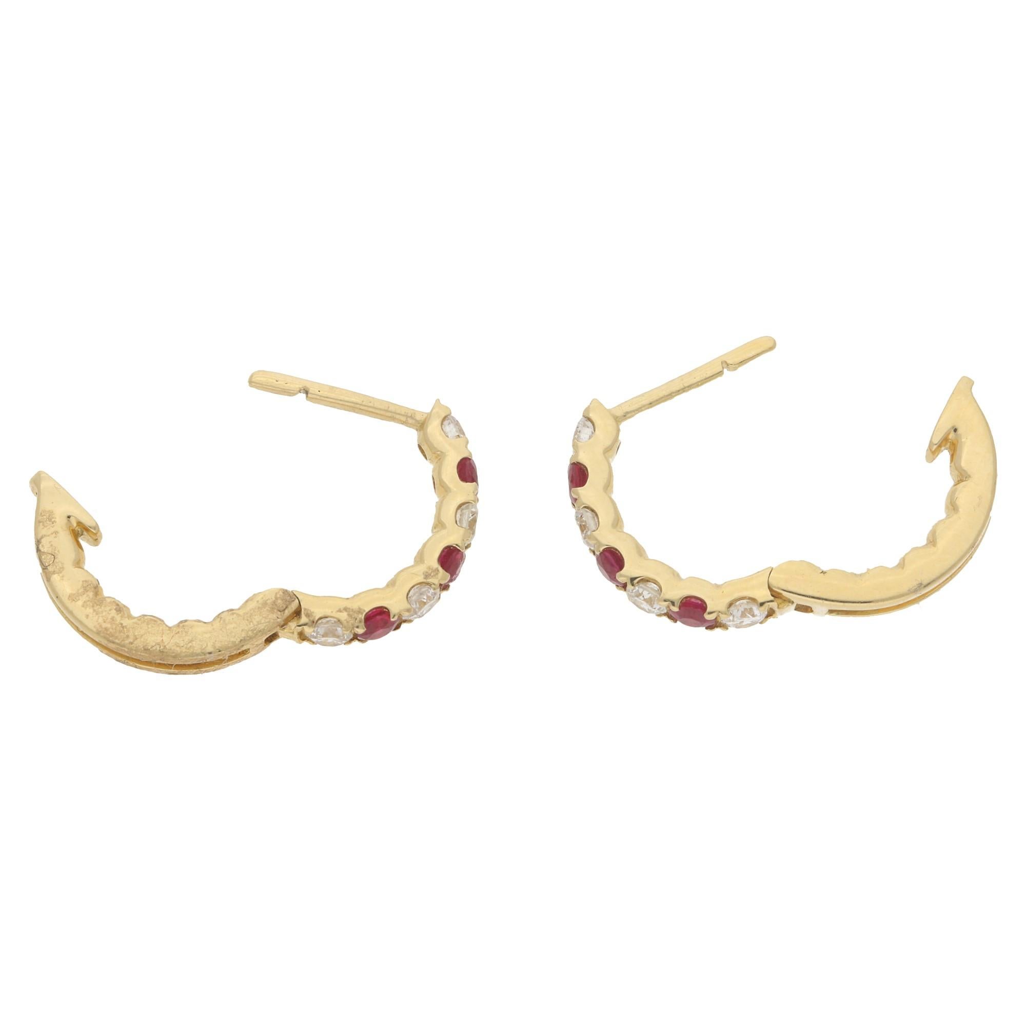 18 Karat Gold Ruby Diamond Hoop Earrings In New Condition In London, GB