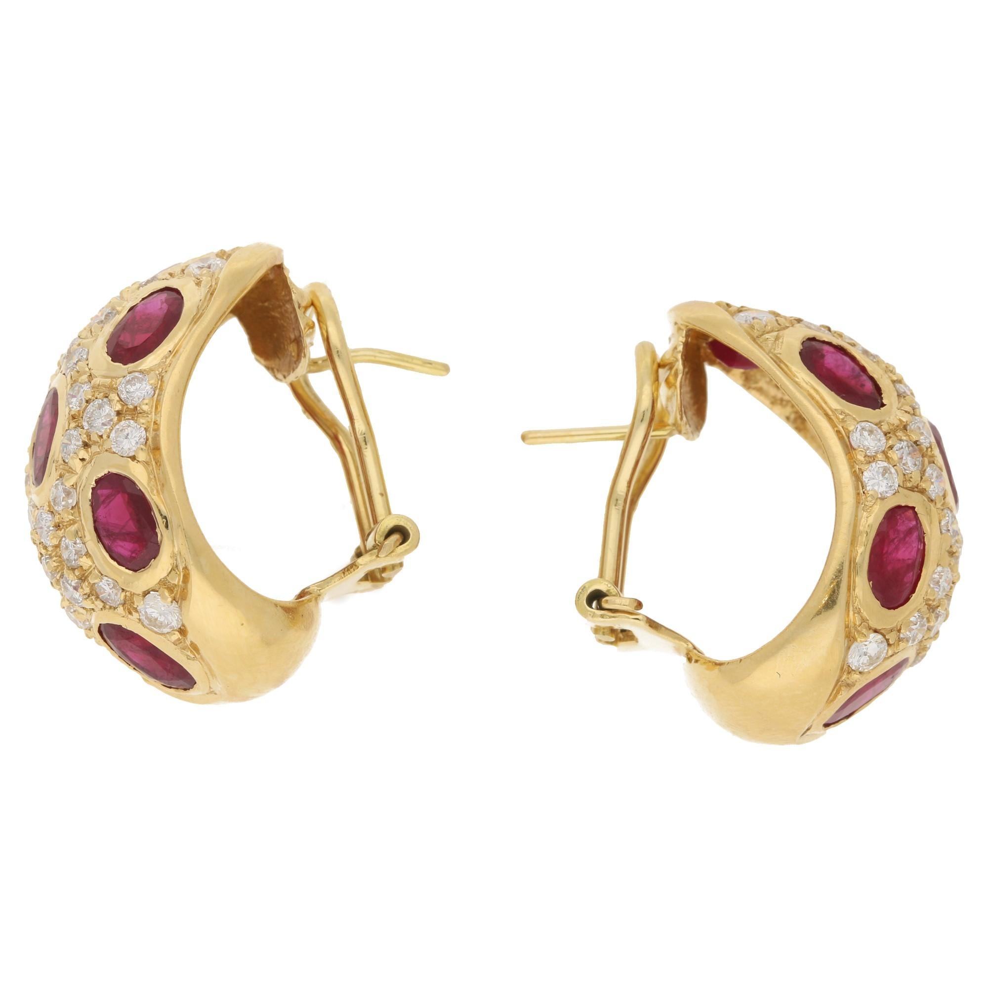 18 Karat Gold Ruby Diamond Hoop Earrings In Excellent Condition In London, GB