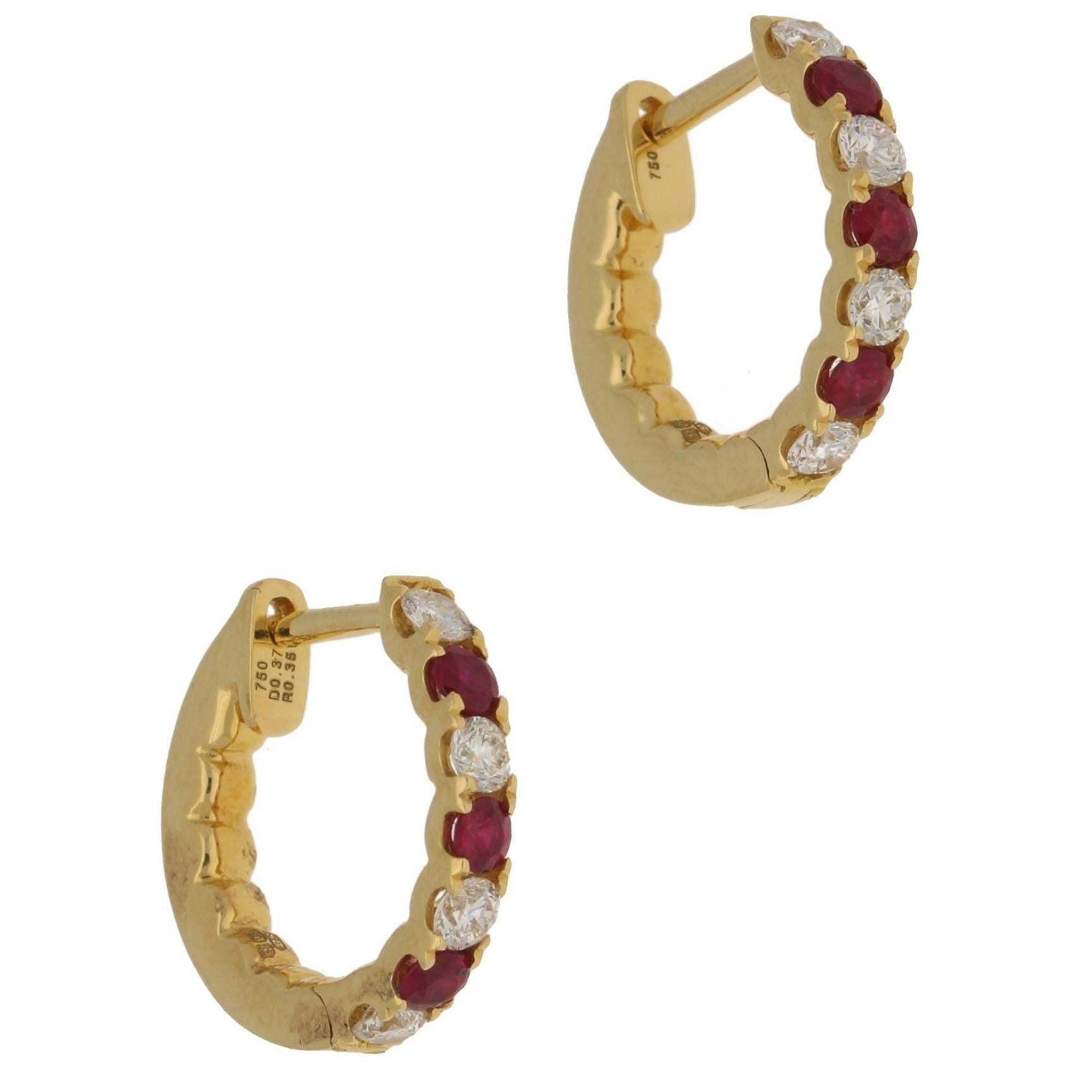 18 Karat Gold Ruby Diamond Hoop Earrings