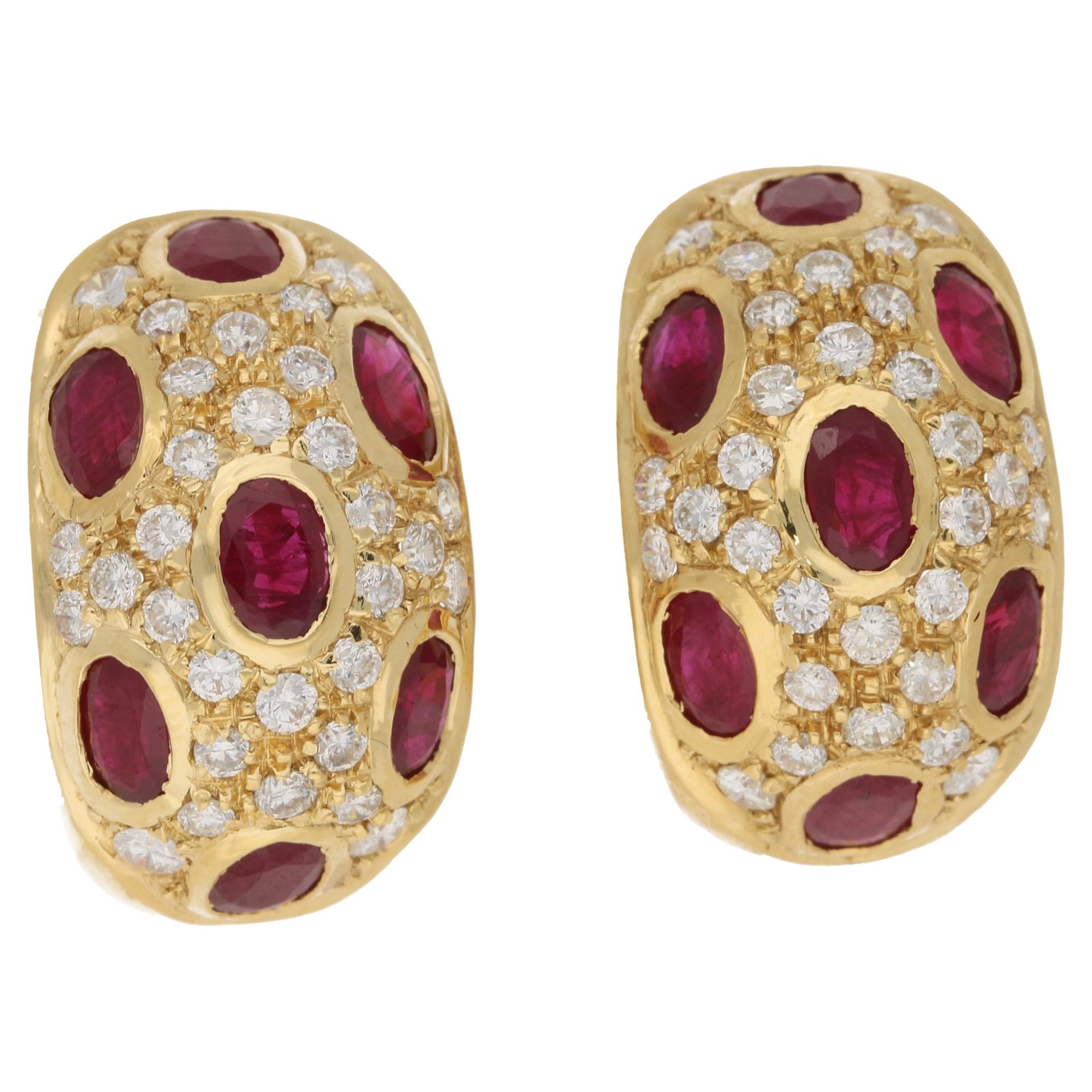 18 Karat Gold Ruby Diamond Hoop Earrings