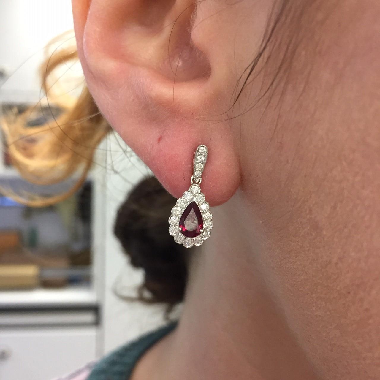 Women's or Men's 18 Karat Gold Ruby Diamond Pear Drop Earrings