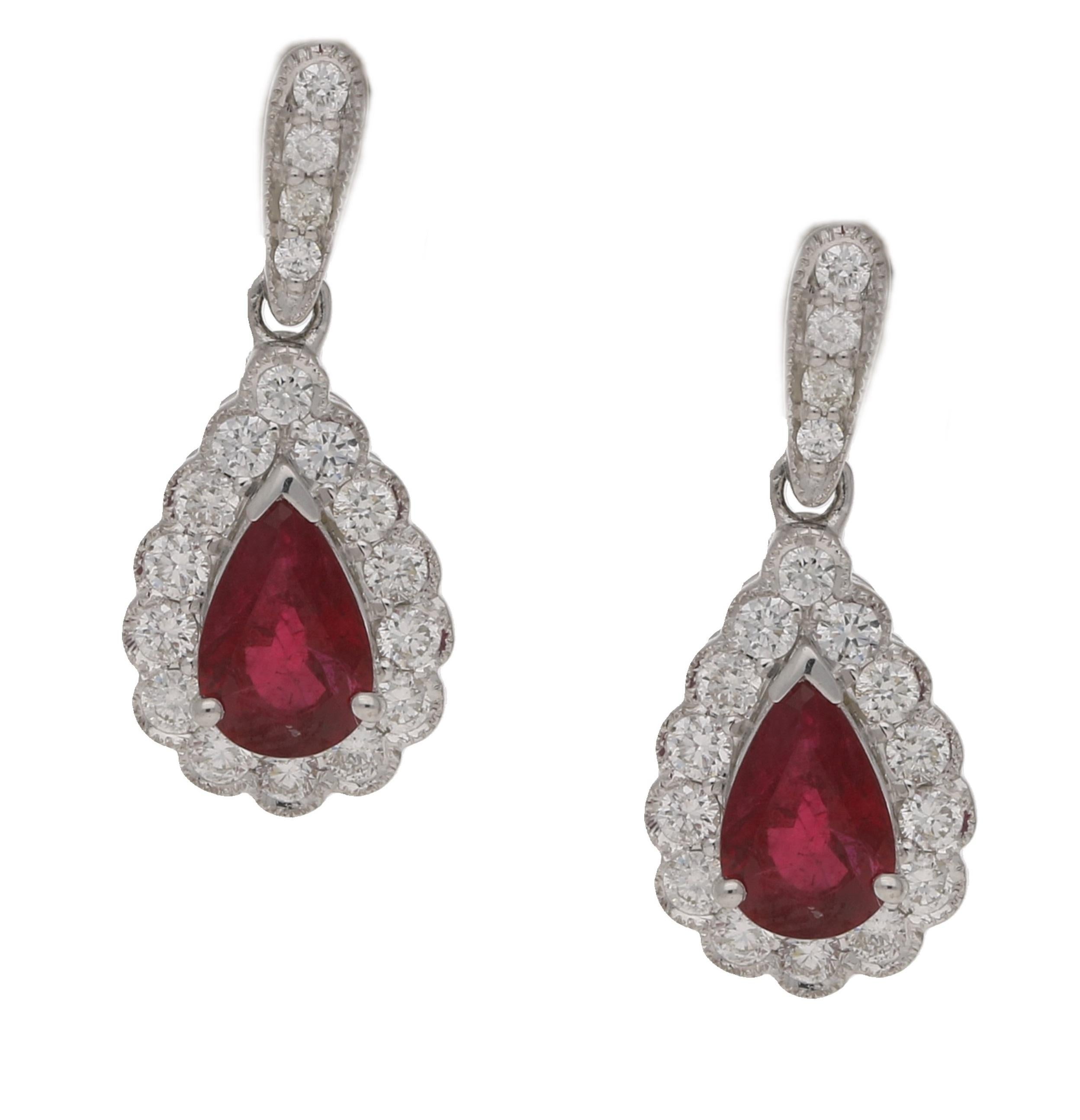 18 Karat Gold Ruby Diamond Pear Drop Earrings