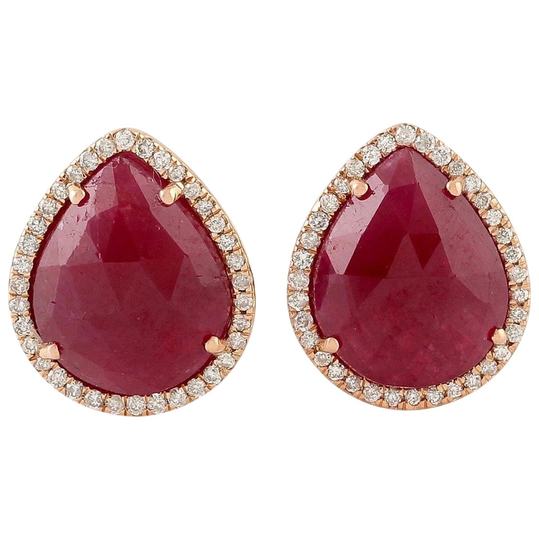 18 Karat Gold Ruby Diamond Pear Stud Earrings