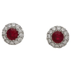 18 Karat Gold Ruby Diamond Round Cluster Stud Earring