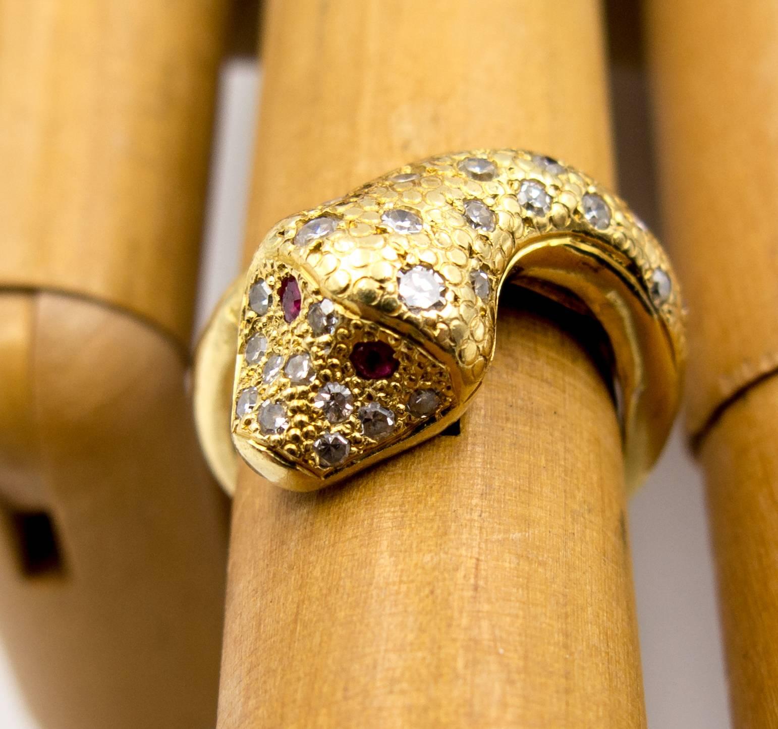Women's or Men's 18 Karat Gold Ruby Diamond Snake Ring