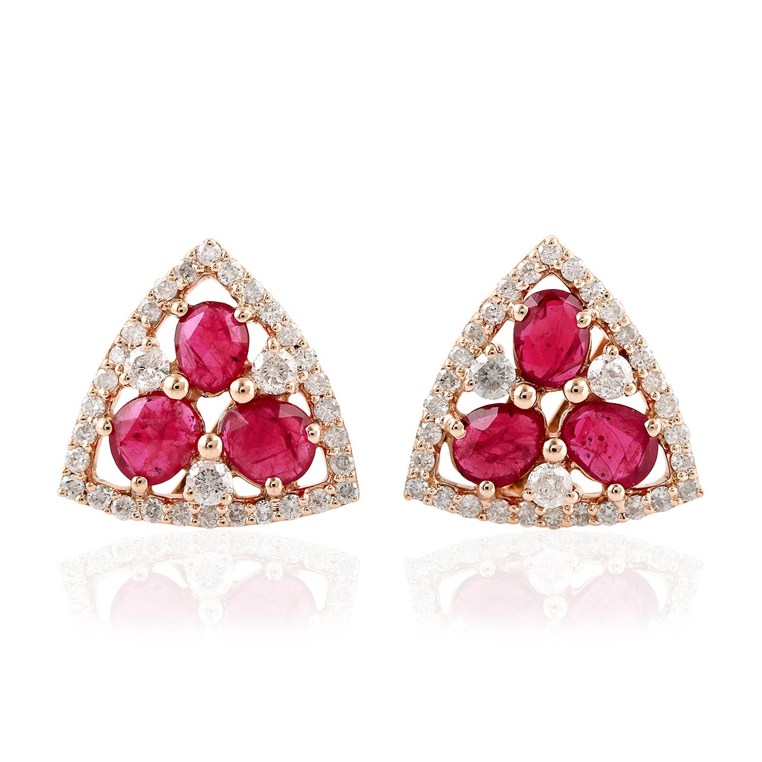 Taille mixte Boucles d'oreilles en or 18 carats avec diamant et rubis en vente