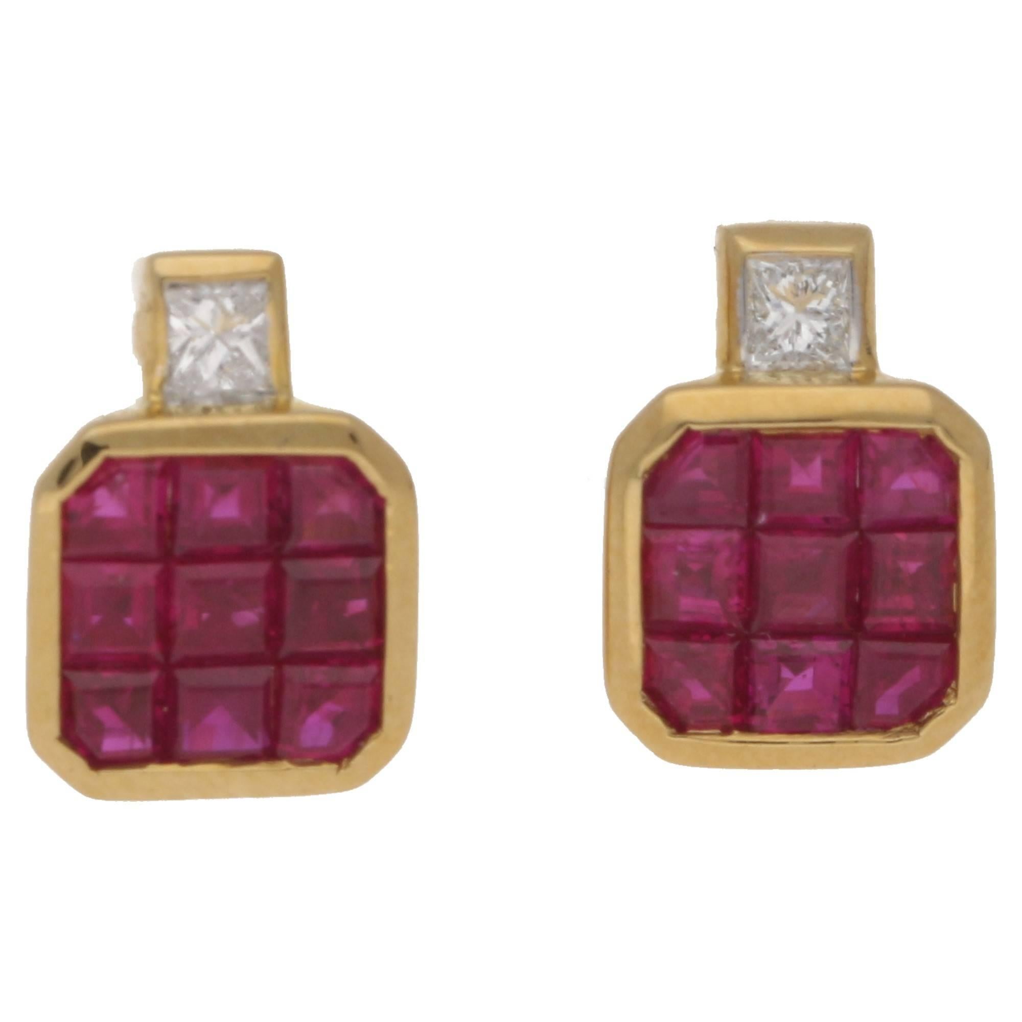 18 Karat Gold Ruby Diamond Stud Earrings