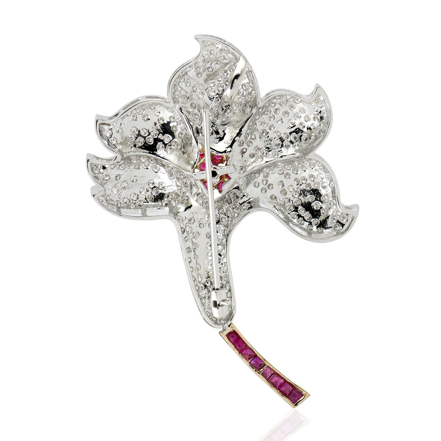 Cast in 18K gold, a stunning brooch hand set in 1.57 carats ruby and 3.29 carats of sparkling diamonds.

FOLLOW  MEGHNA JEWELS storefront to view the latest collection & exclusive pieces.  Meghna Jewels is proudly rated as a Top Seller on 1stdibs
