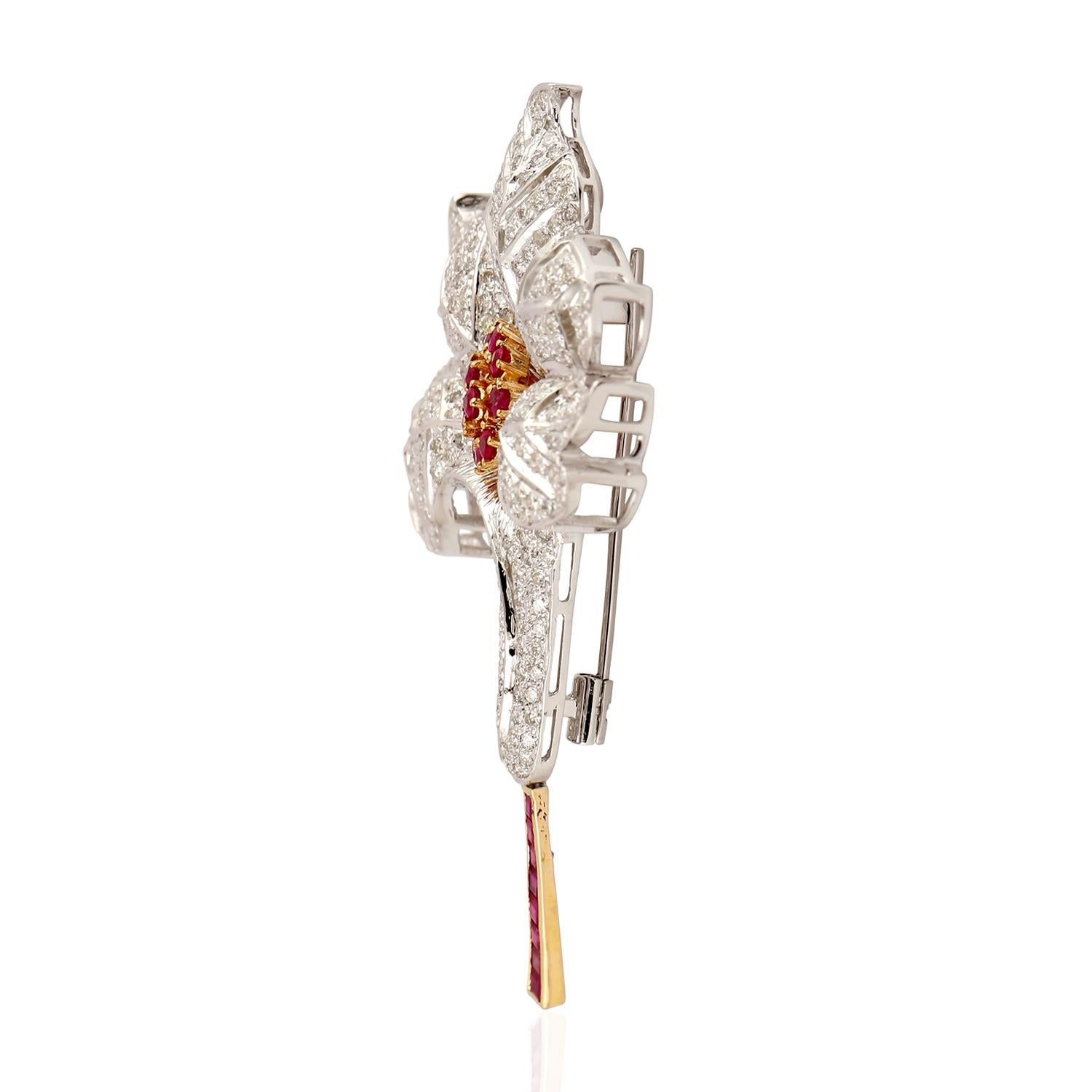 Artisan 18 Karat Gold Ruby Diamond Tulip Brooch For Sale