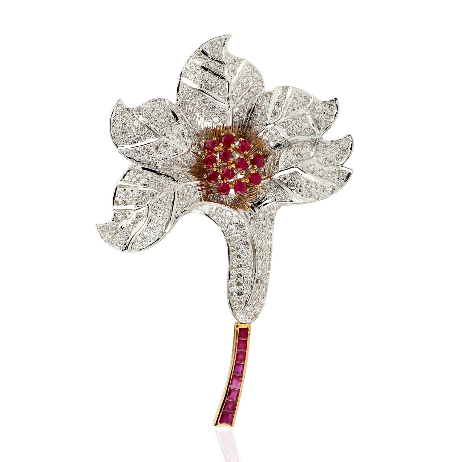 Single Cut 18 Karat Gold Ruby Diamond Tulip Brooch For Sale