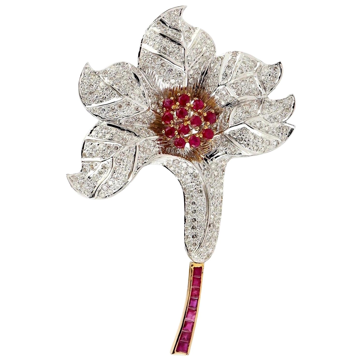 18 Karat Gold Ruby Diamond Tulip Brooch For Sale