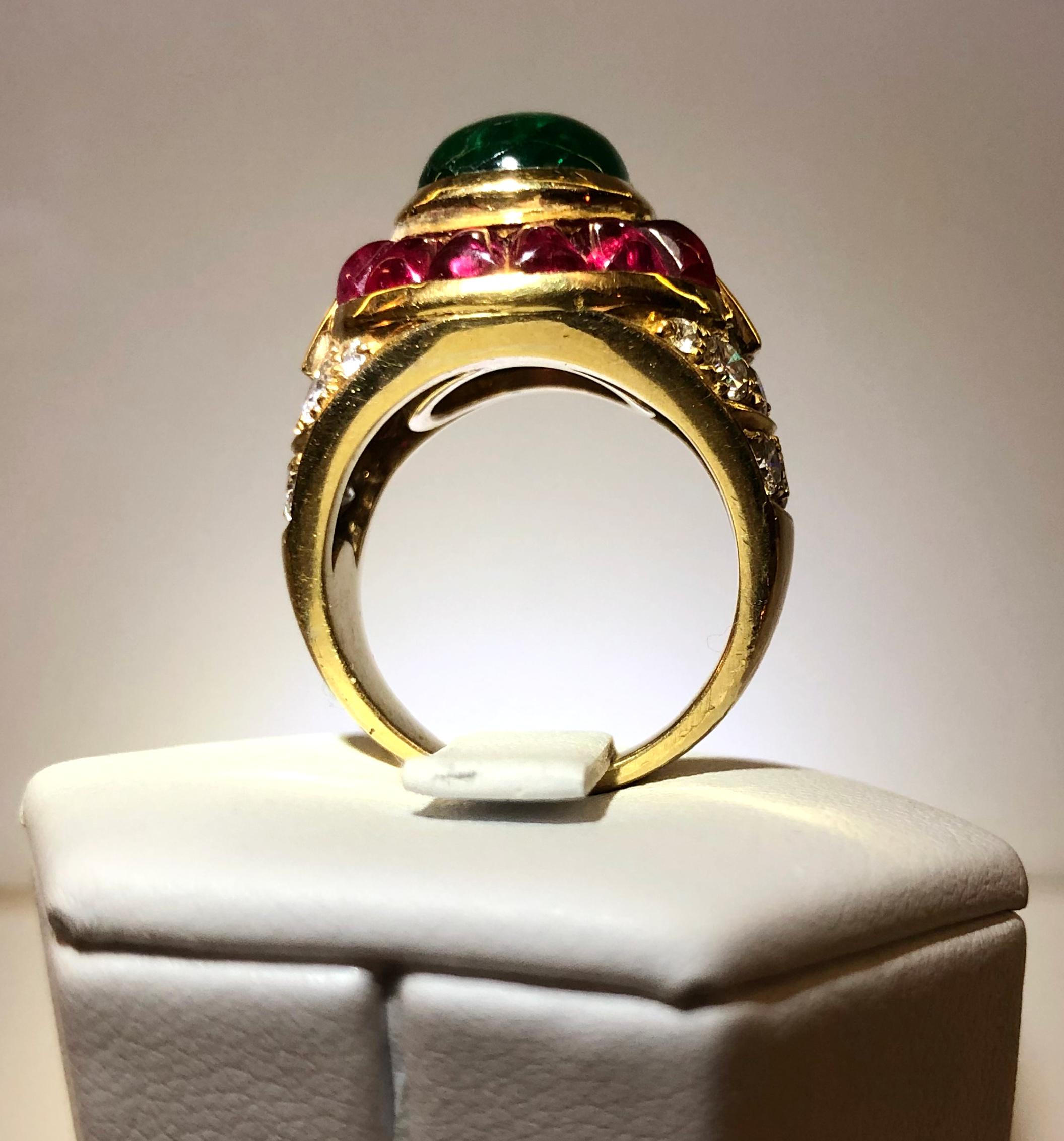Baguette Cut 18 Karat Gold Ruby Emerald and Diamond Ring For Sale