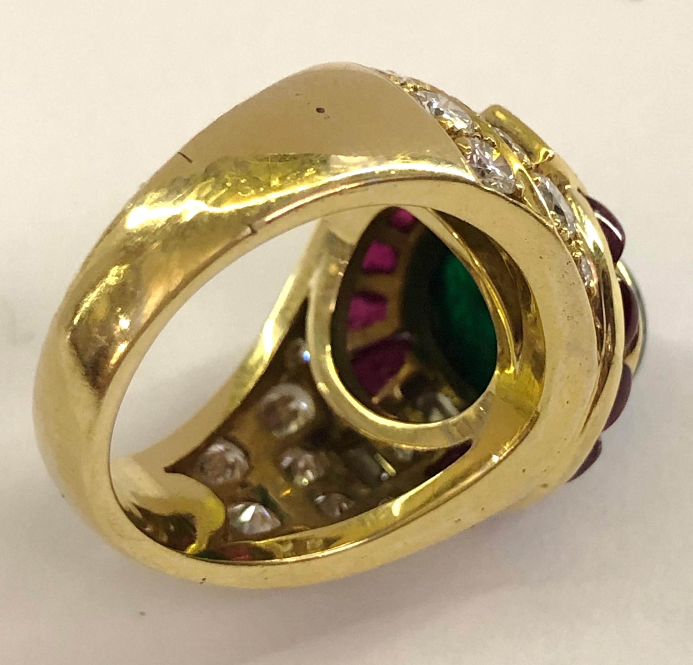 Women's or Men's 18 Karat Gold Ruby Emerald and Diamond Ring For Sale
