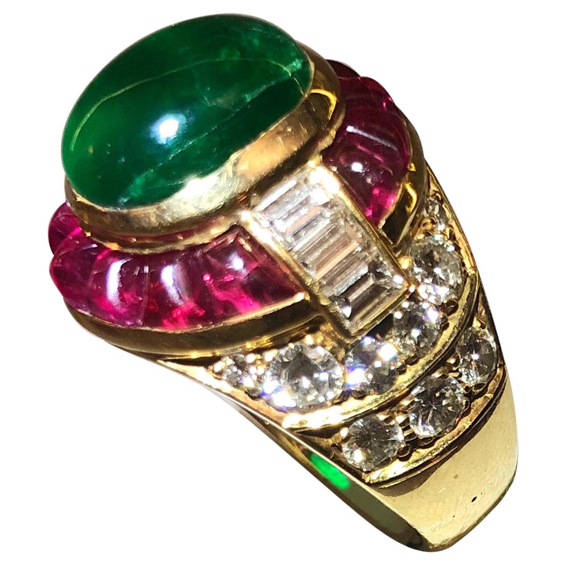 18 Karat Gold Ruby Emerald and Diamond Ring For Sale