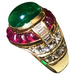 Retro 18 Karat Gold Ruby Emerald and Diamond Ring