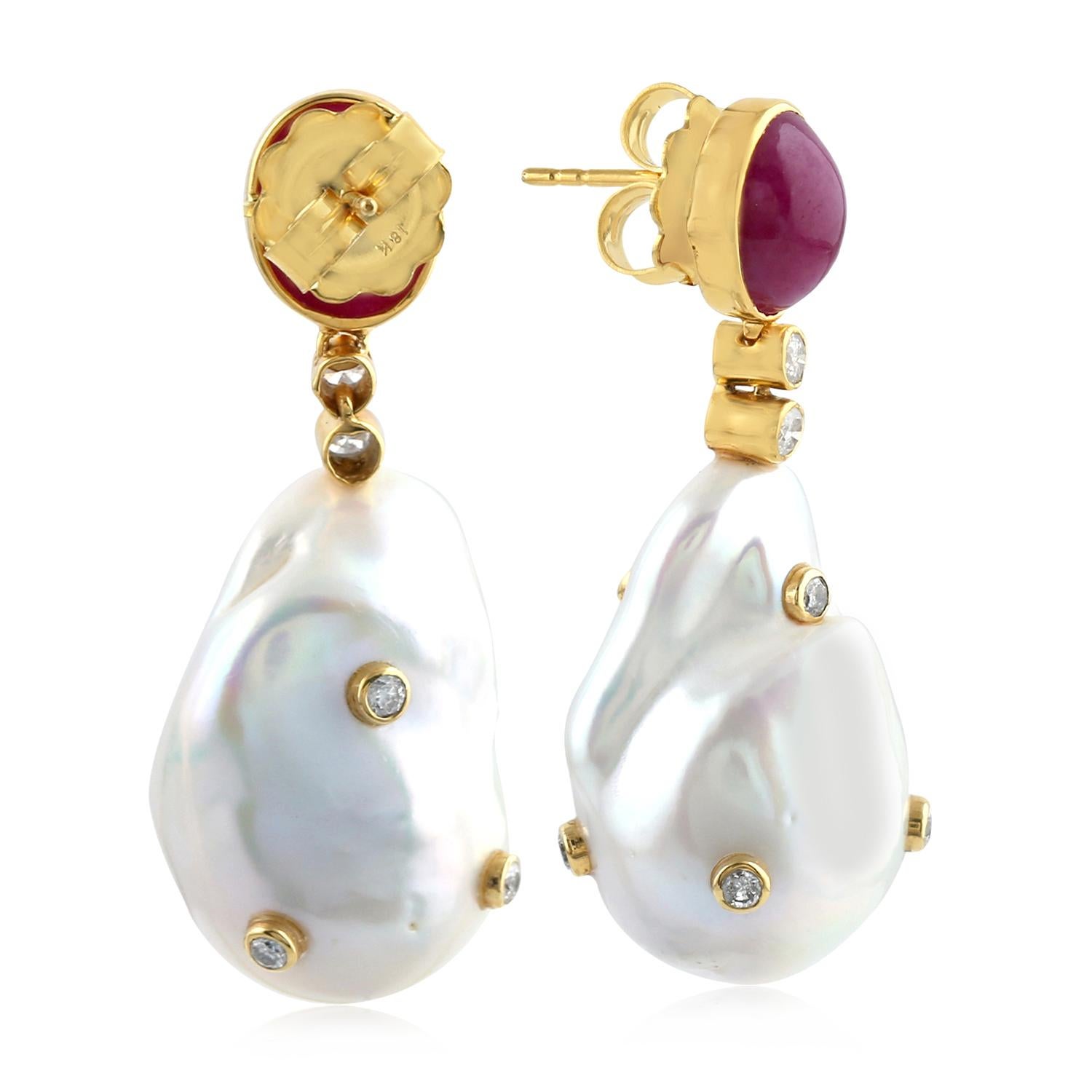 Modern 18 Karat Gold Ruby Pearl Diamond Earrings For Sale