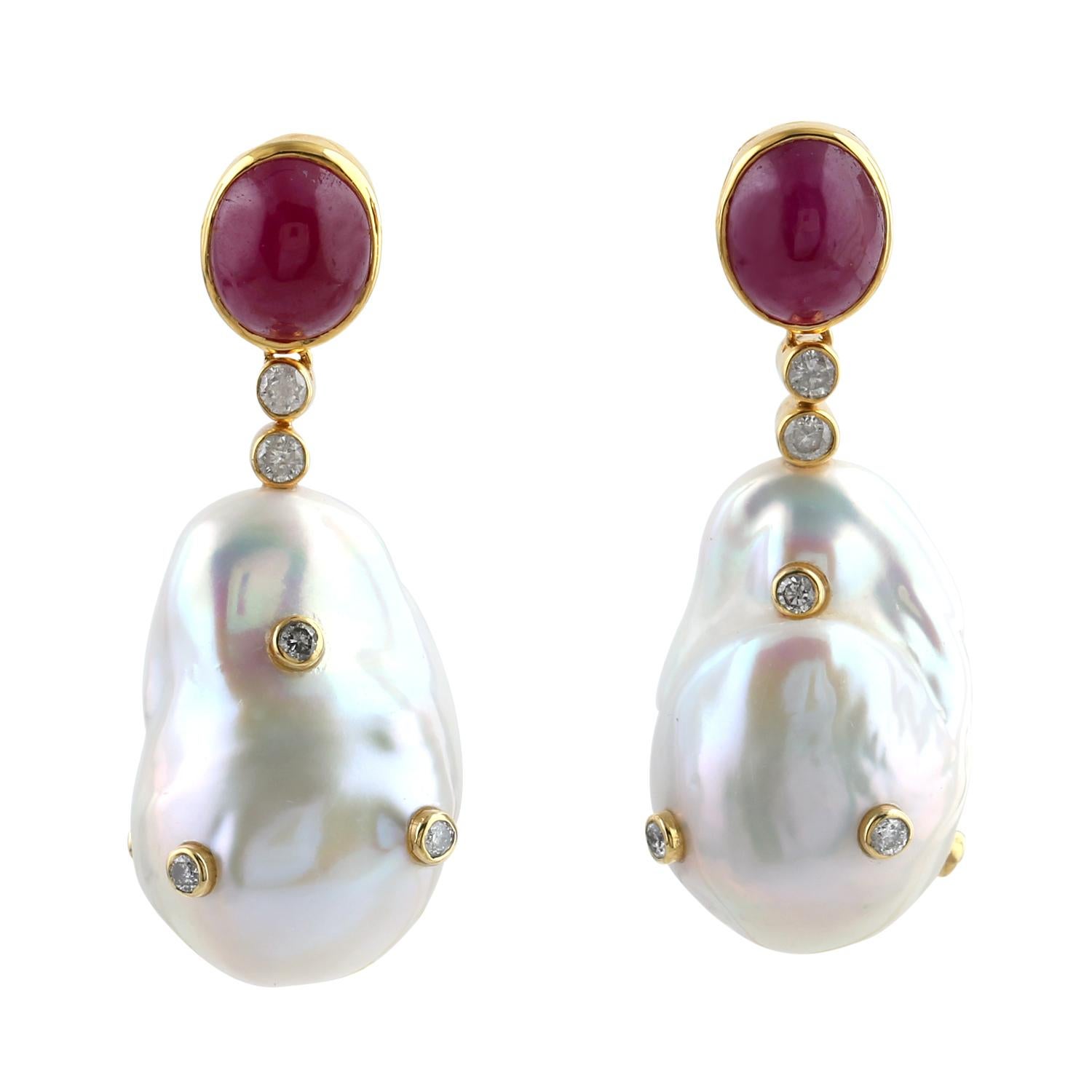 Mixed Cut 18 Karat Gold Ruby Pearl Diamond Earrings For Sale