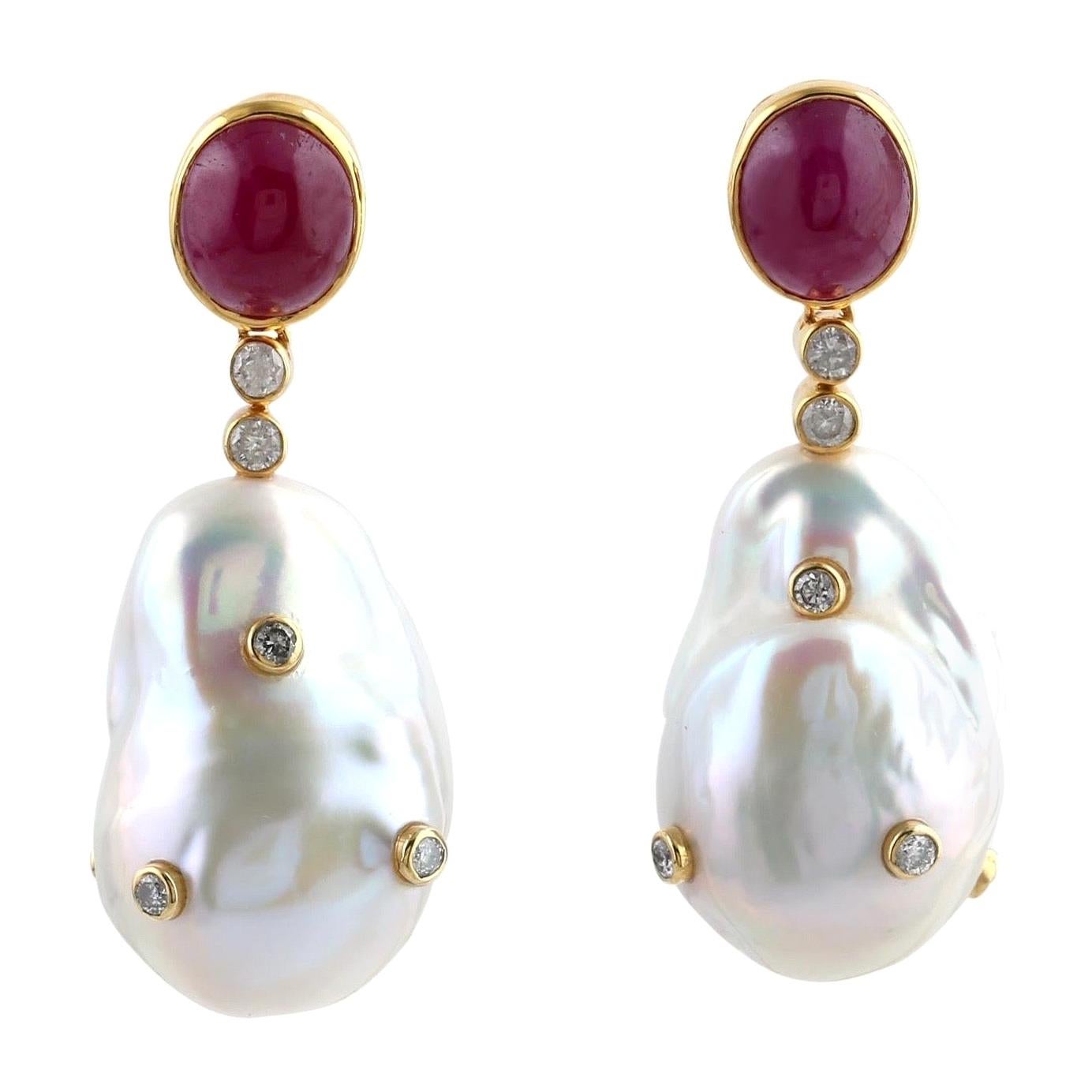 18 Karat Gold Ruby Pearl Diamond Earrings