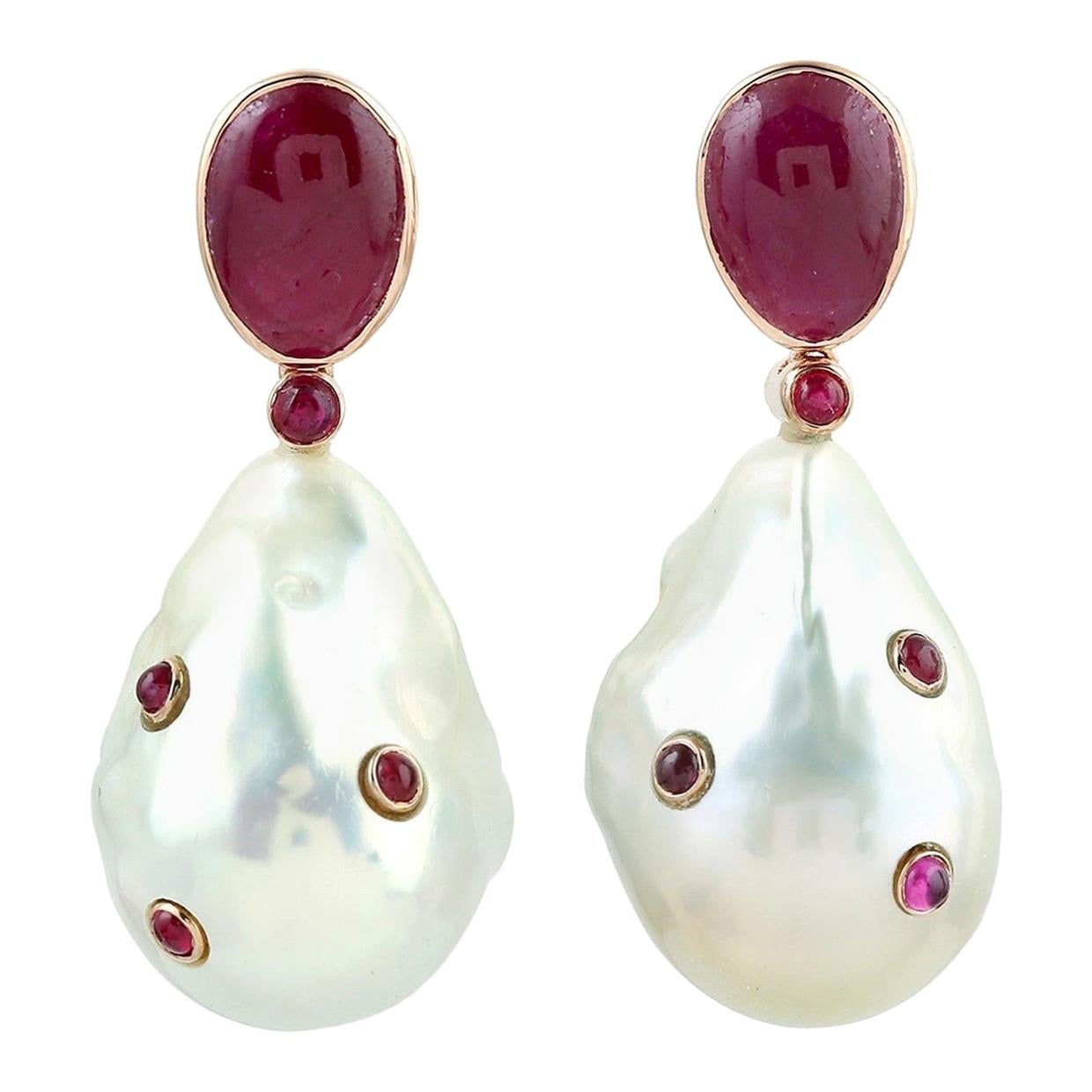 18 Karat Gold Ruby Pearl Earrings