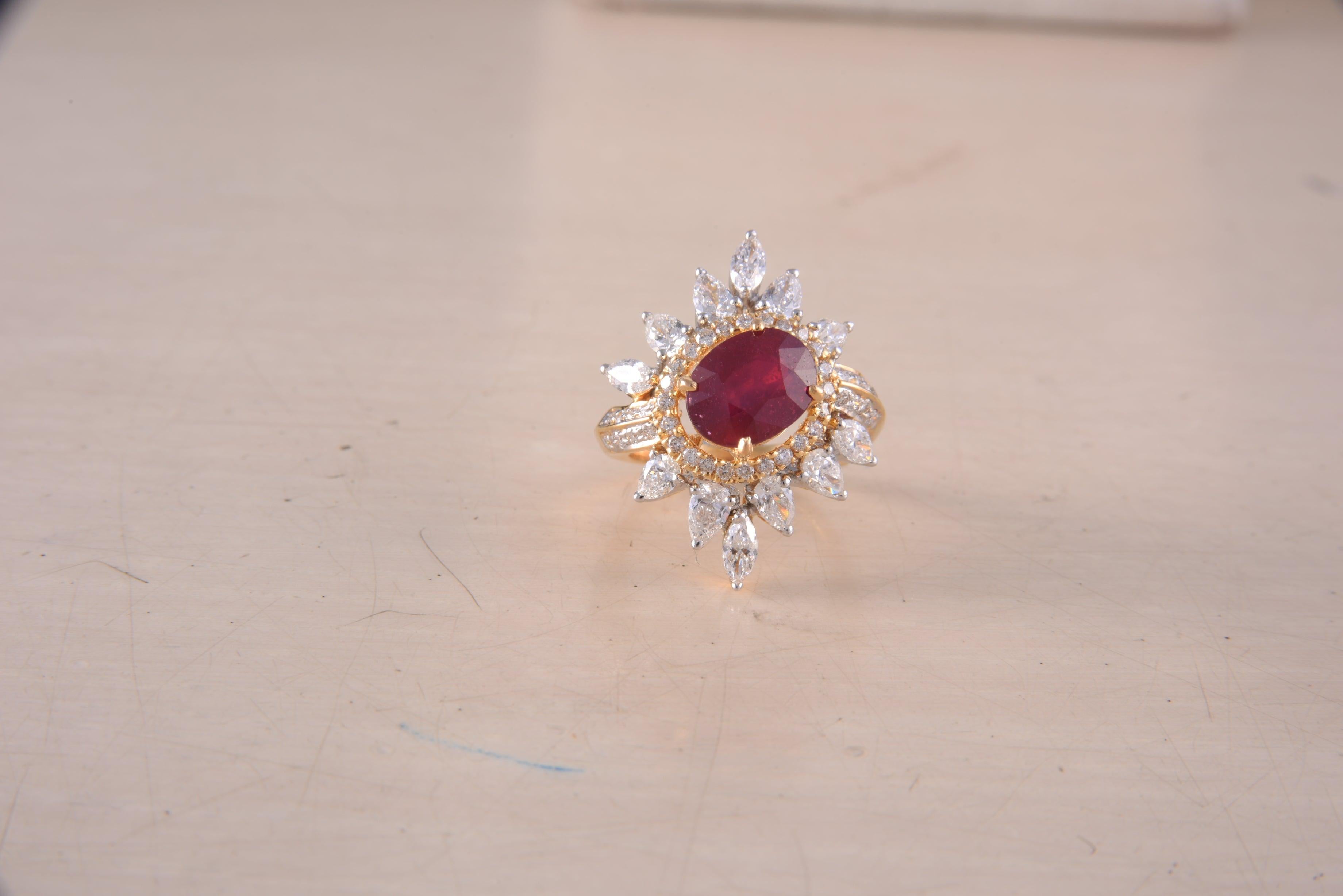 For Sale:  18 Karat Gold Ruby White Diamond Cocktail Ring 2