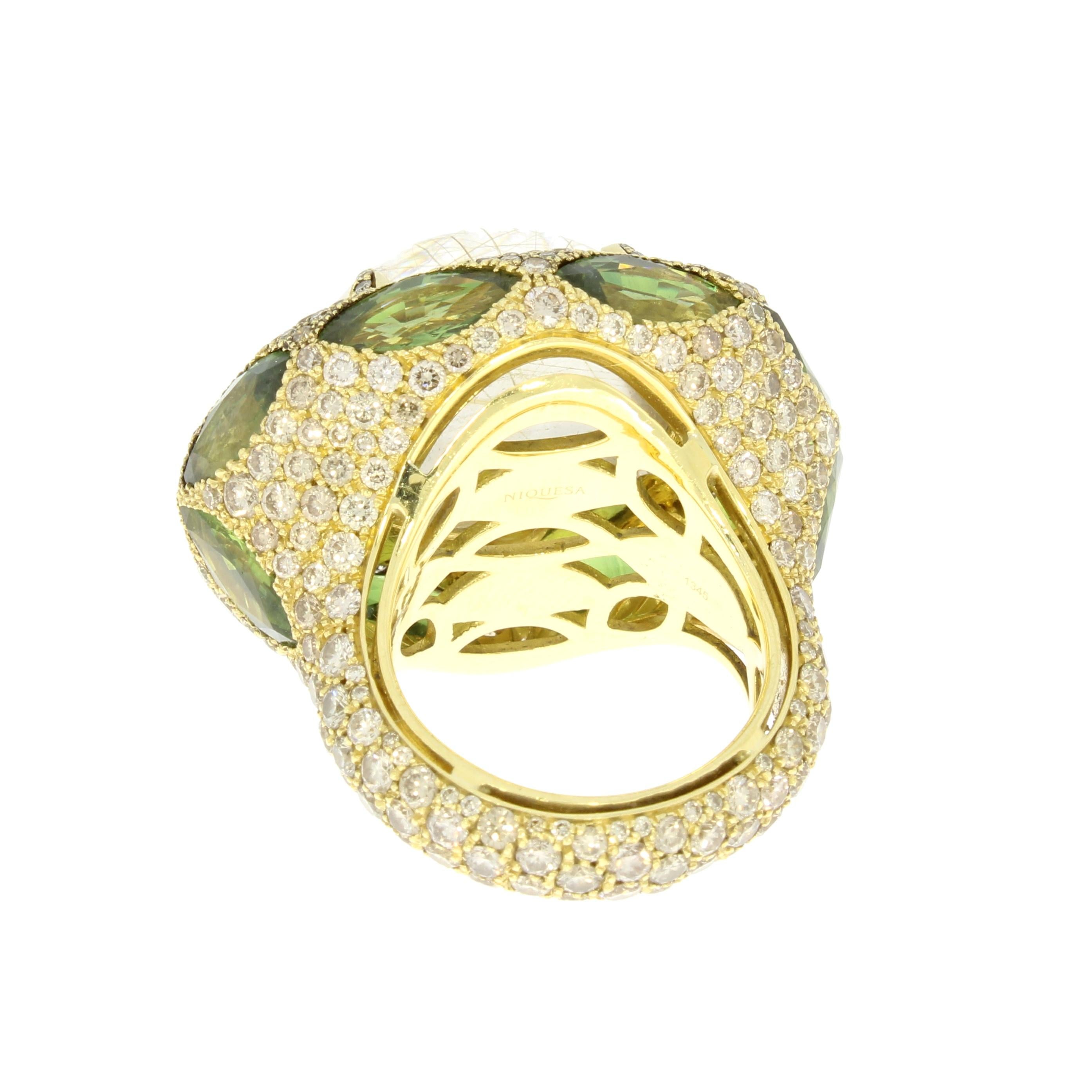 Contemporary 18 Karat Gold Rutilated Quartz Green Sapphires Brown Diamonds Ring by Niquesa For Sale