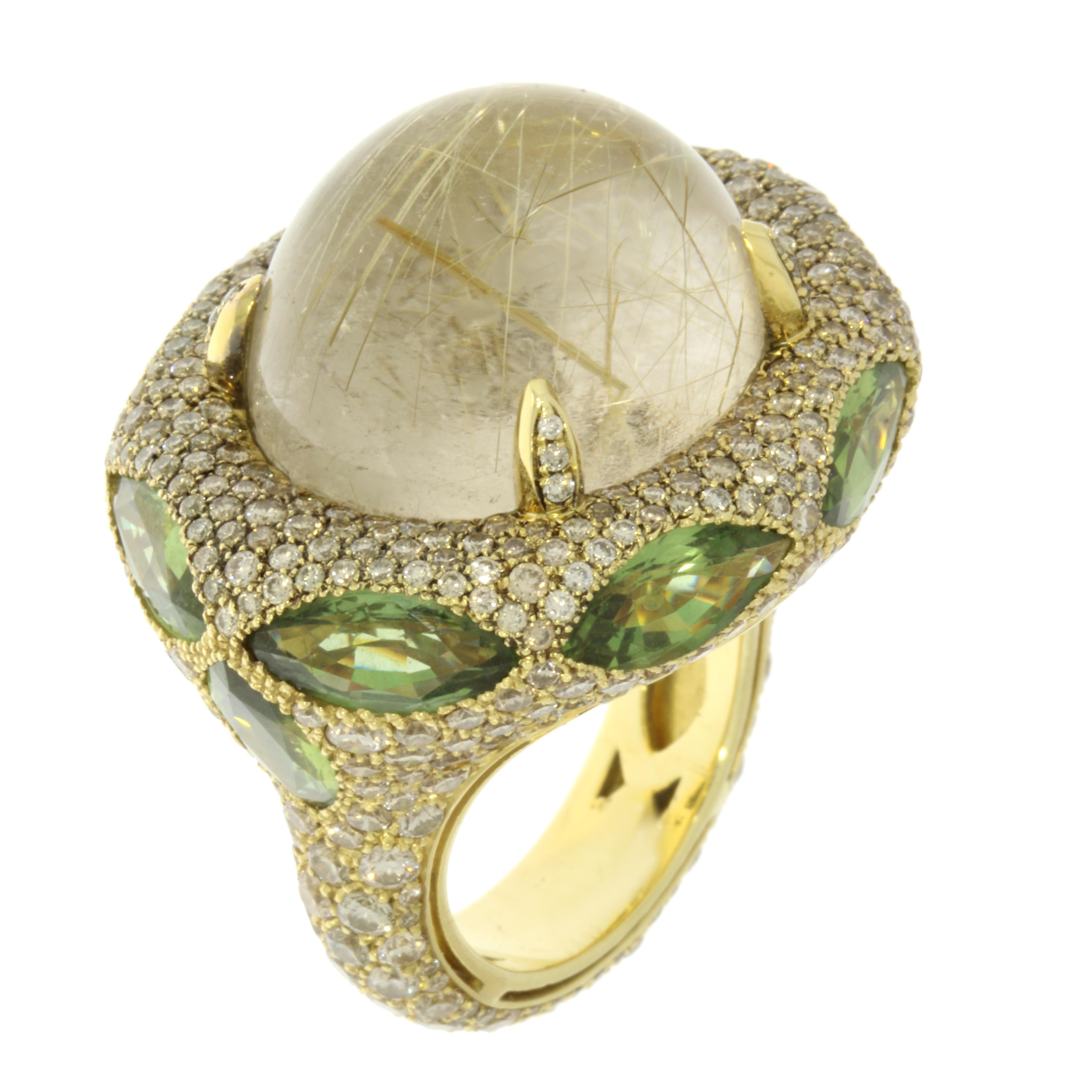 Cabochon 18 Karat Gold Rutilated Quartz Green Sapphires Brown Diamonds Ring by Niquesa For Sale