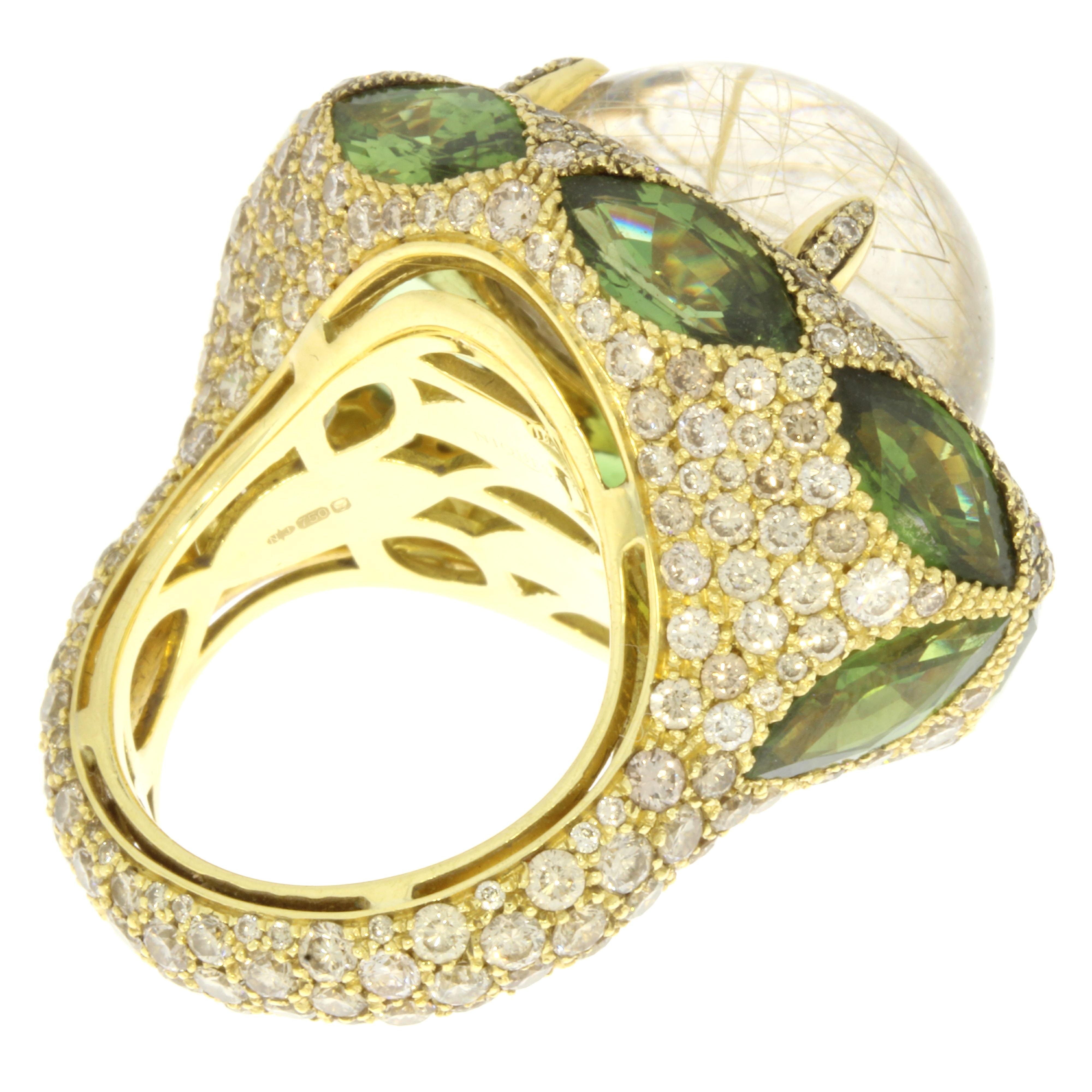 18 Karat Gold Rutilated Quartz Green Sapphires Brown Diamonds Ring by Niquesa In New Condition For Sale In London, GB