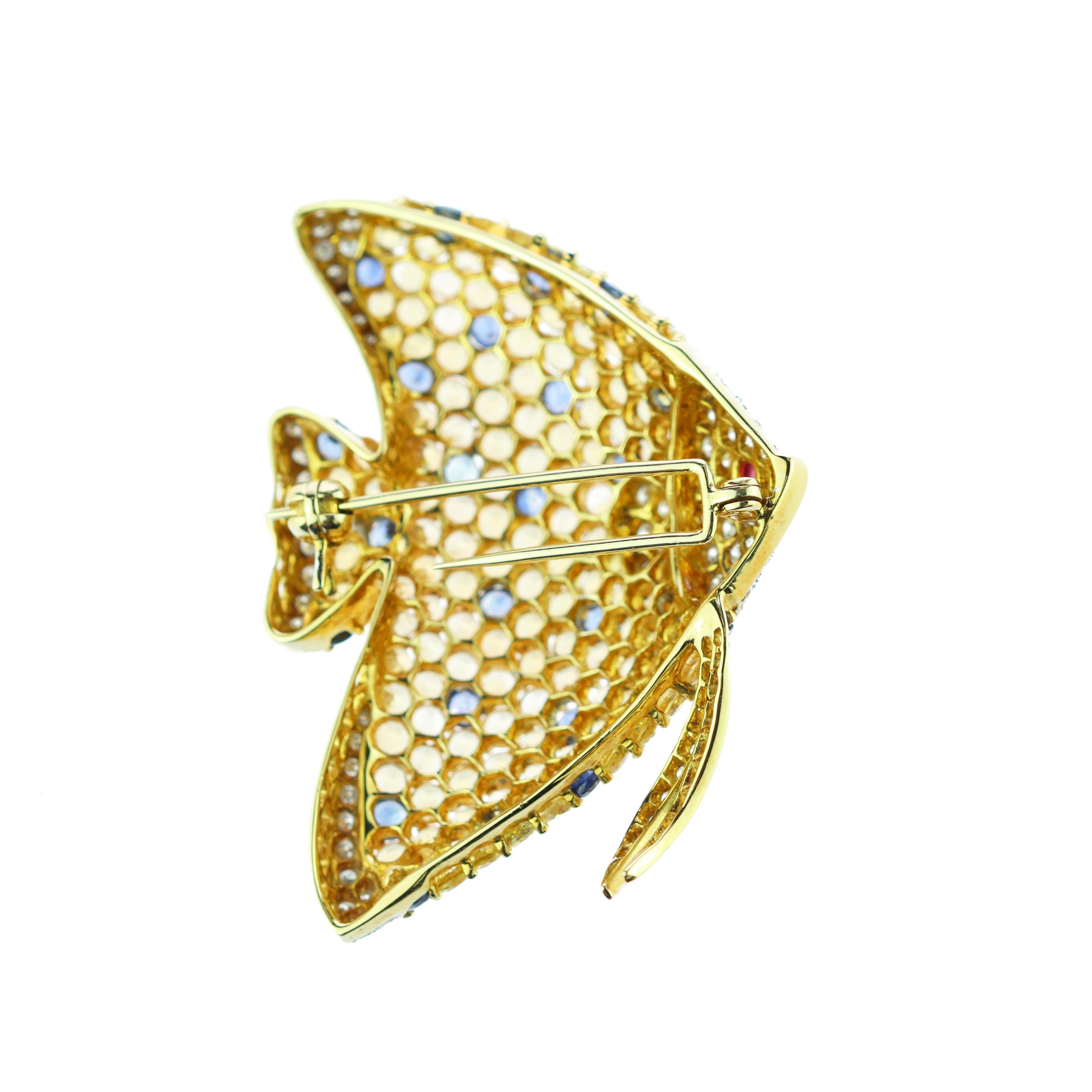 Romantic 18 Karat Gold Sapphire Diamond Ruby Pave Gold Fish Pin Scarf Clip Piscis Brooch For Sale