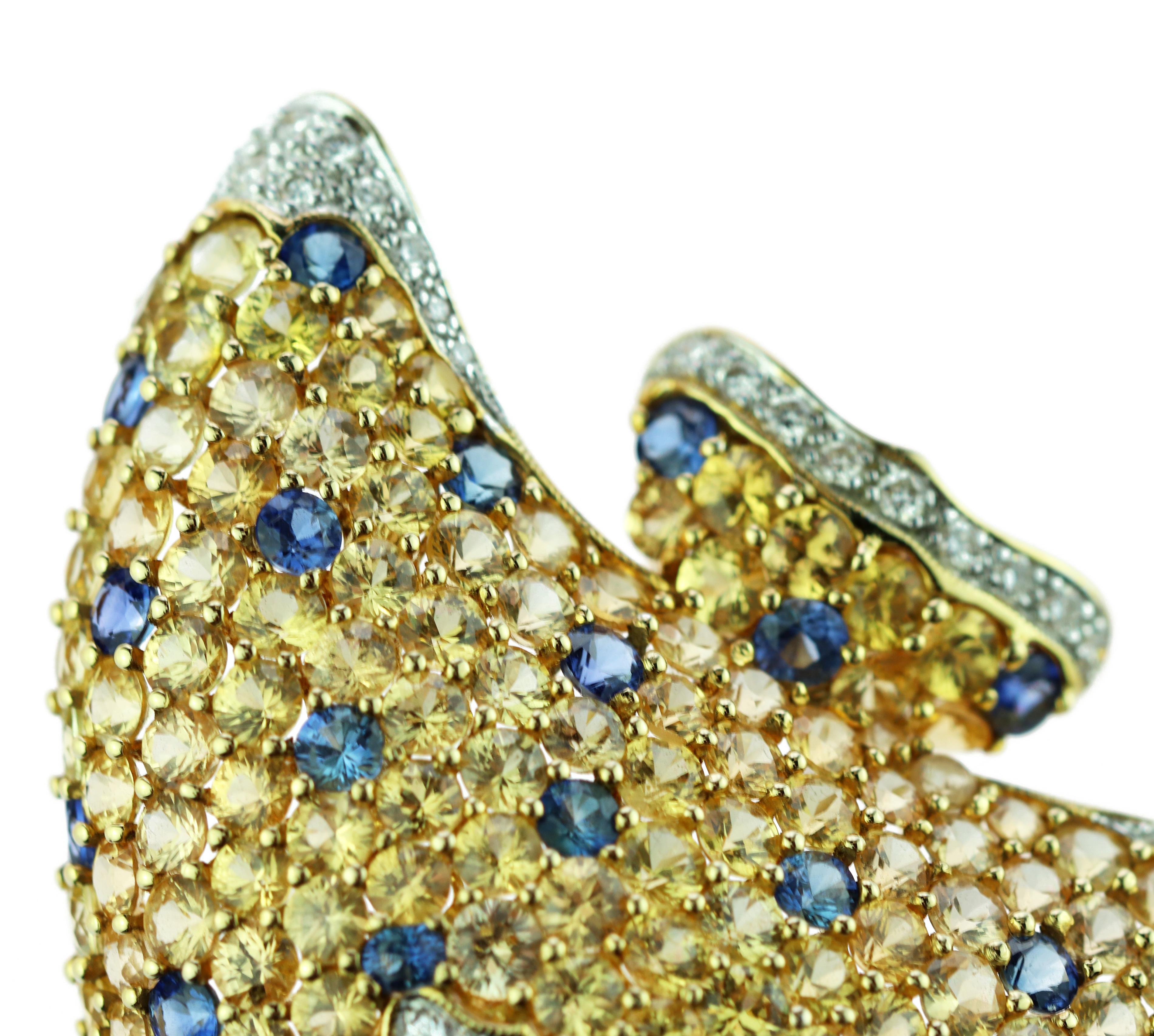 Round Cut 18 Karat Gold Sapphire Diamond Ruby Pave Gold Fish Pin Scarf Clip Piscis Brooch For Sale