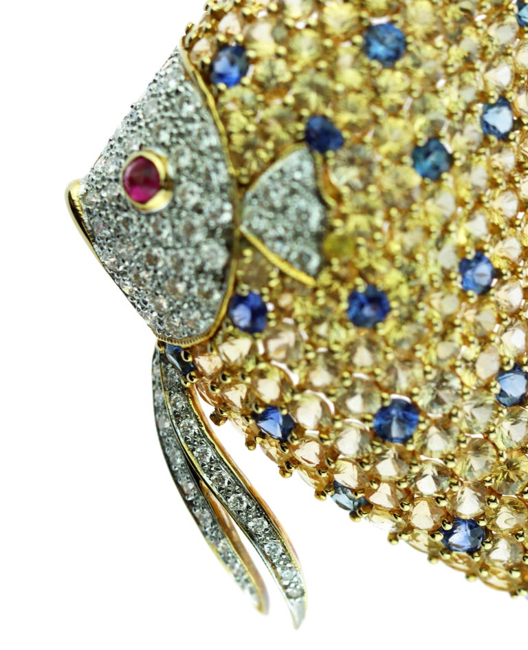 18 Karat Gold Sapphire Diamond Ruby Pave Gold Fish Pin Scarf Clip ...